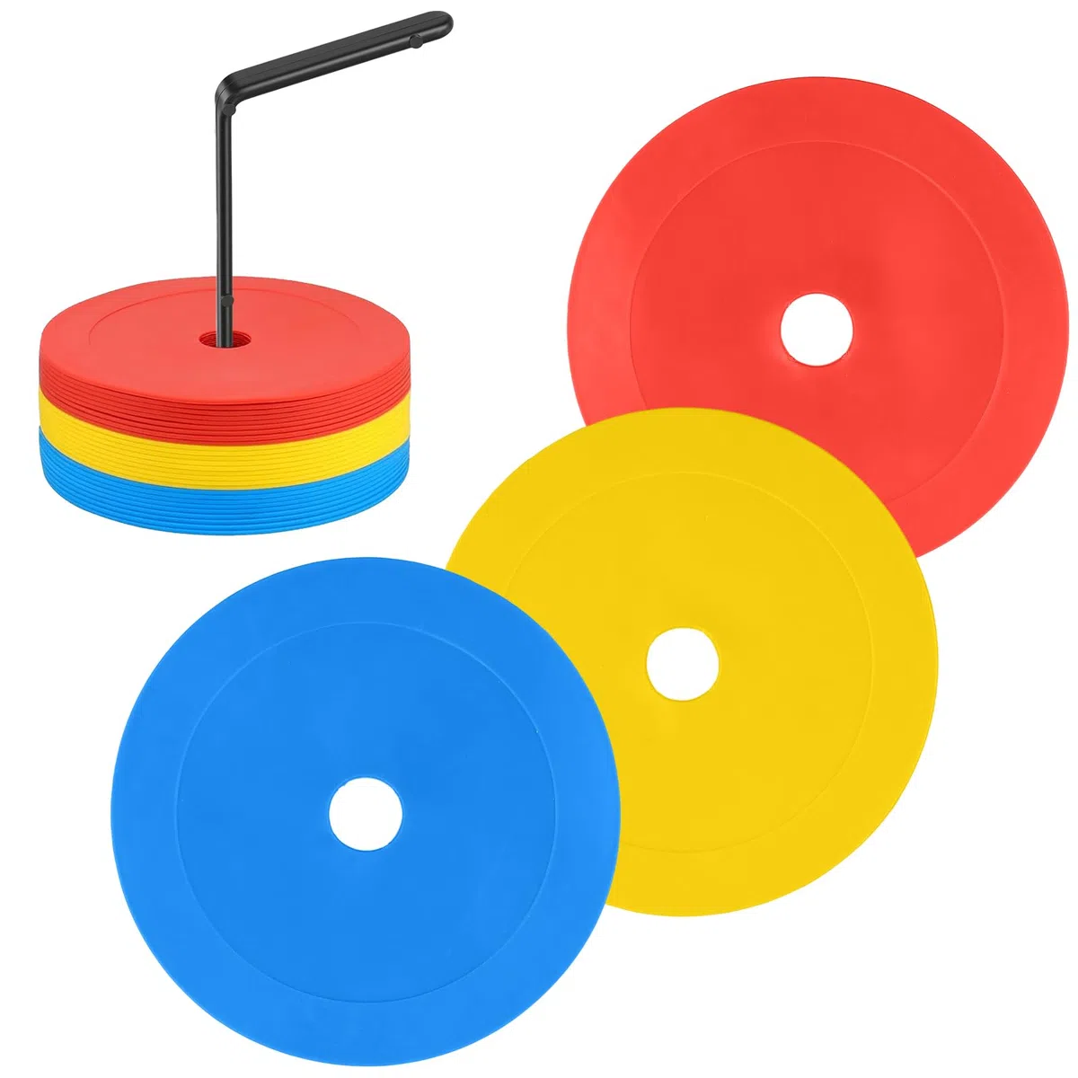 Plot Sport 30 Disques de Marquage 15 cm Antidérapants avec Support - Disques Plats pour Football Basketball Handball - Rouge Jaune Bleu