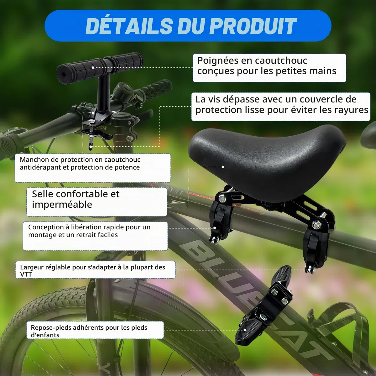 Sièges De Vélo Montés à l'avant pour Enfants, La Selle Velo Enfant Est Compatible avec Les VTT Le Siège Les Cales Pieds Les Petites Pédales pour Enfants