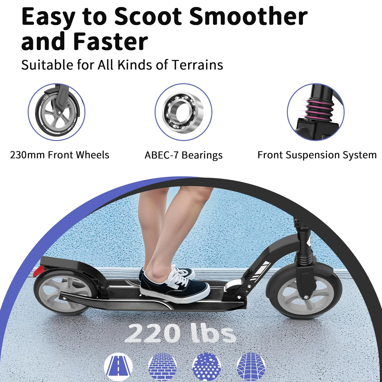 BELEEV Trottinette Enfant 6 a 14 Ans, LED Lumineuse Deck, Réglable en Hauteur, Sangle Transport, Grande Roue 230 mm, Big Wheel City Scooter 2 Roues pour Fille Garçon 6+ Adulte Adolescent Max 100kg