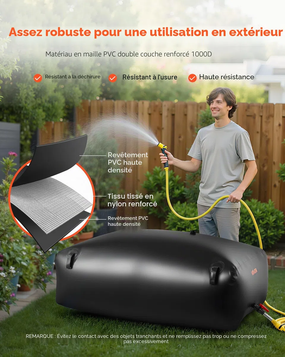 VEVOR Réservoir d'Eau Souple 540 L, Vessie de Stockage Eau Pliable, Sac Conteneur d'Eau PVC Grande Capacité, pour Irrigation Jardin, Camping, Camping-car, Utilisation Extérieur, Stockage Urgence, Noir