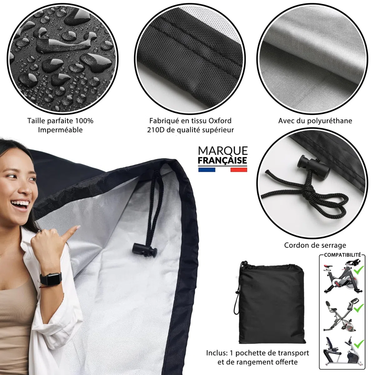 Housse Velo Appartement Exterieur Intérieur ✮MARQUE FRANCAISE✮ Imperméable / 142x 123 x 113 x 58cm / Housse Protection Vélo Couverture Bache Vélo Fitness Durable Noir Extérieur + 1x Sac de Rangement