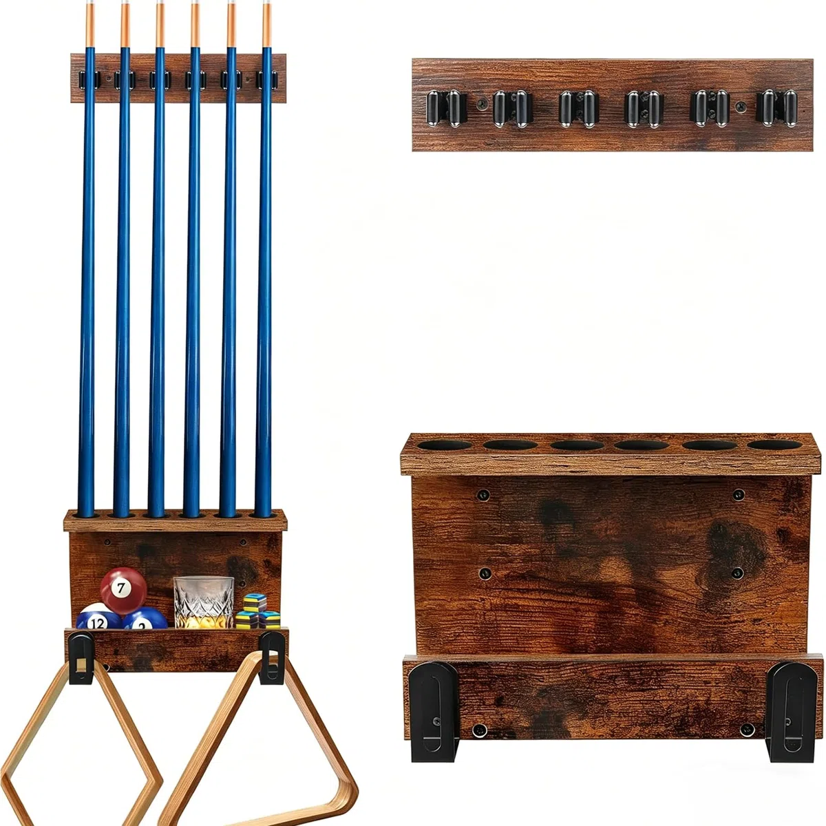 Support Mural pour Bâtons de Billard, Support pour 6 Queues de Billard, Accessoires pour Table de Billard, Support en Bois Massif pour Ensemble de Queues de Billard, Organisateur Rustique pour