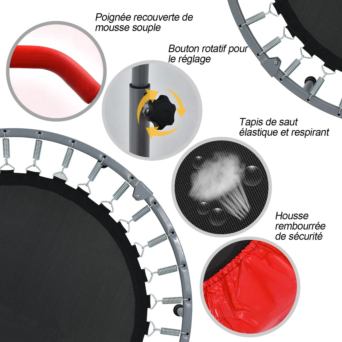 GYMAX Trampoline de Fitness Pliable avec Poignée Réglable à 4 Niveaux, Ressorts en Acier Renforcés, Couverture Rembourrée, Sac de Transport, Trampoline de Loisirs pour Adultes/Enfants (Rouge)