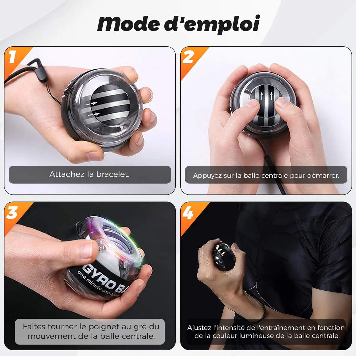 Gyroball Balle d'exercice pour poignet Démarrage automatique 5 niveaux de résistance Contrôle de la lumière Gyroscopique Entraînement Bras Bras Doigt Poignet (étui transparent)