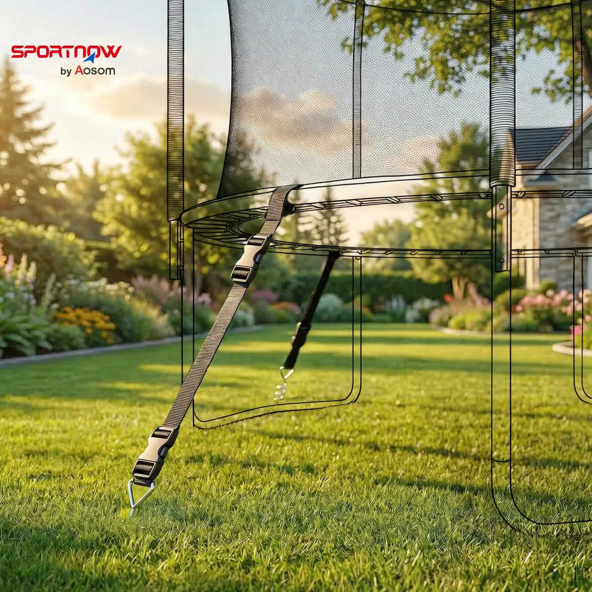 SPORTNOW Lot de 4 Piquets d'ancrage au Sol en Acier Galvanisé, Ancrage Spirales 32 cm, avec 4 Sangles Ajustables 180 cm, Kit d'ancrage au Sol pour Trampoline, Tentes, Balançoires, Abris