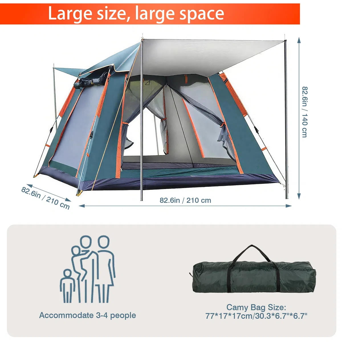 Tente QQ CAT à déploiement rapide 2 places, tente de camping instantanée dôme étanche 3000 mm avec auvent, tente automatique anti-vent pour festival pour adultes 4 saisons, vert/orange