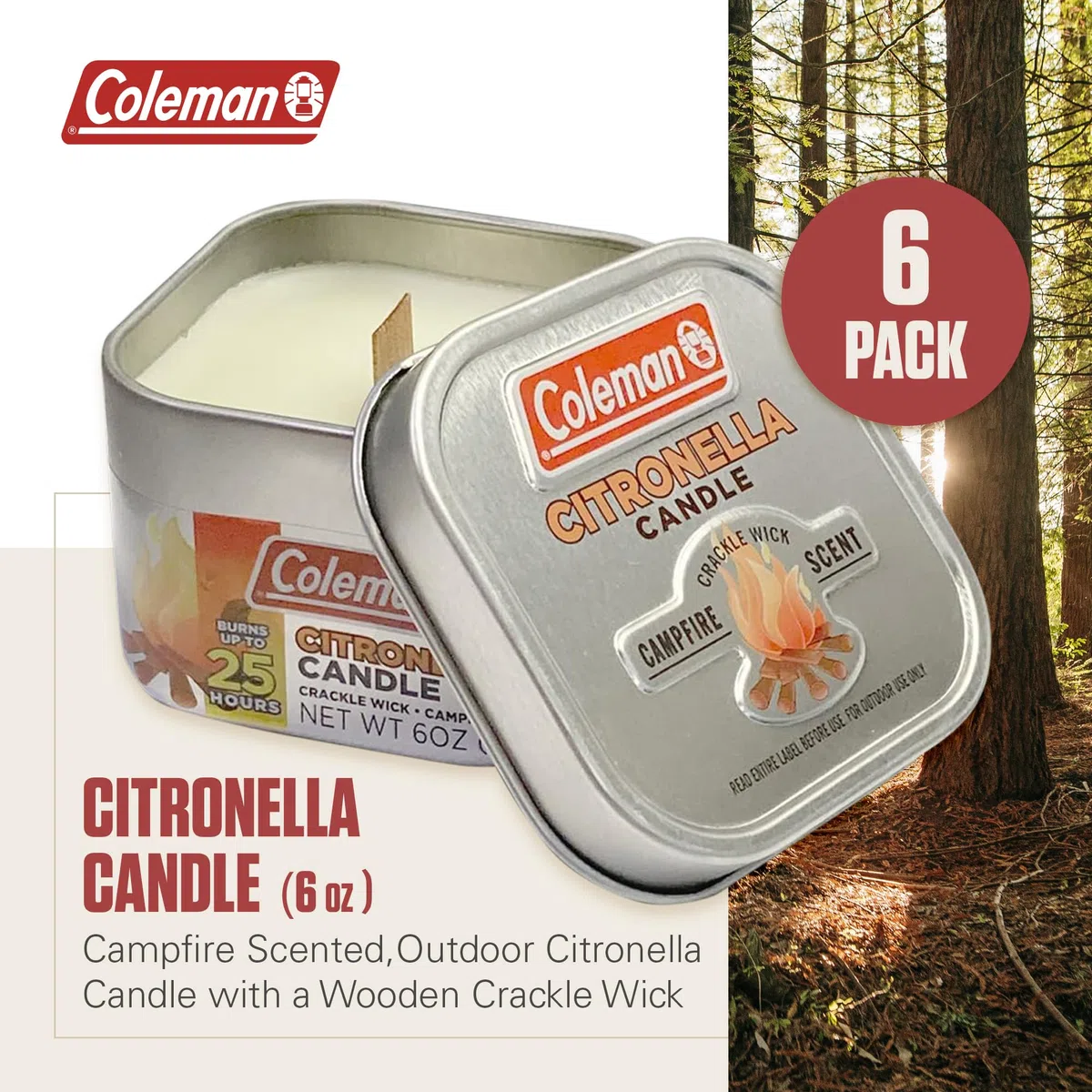 Coleman Lot de 6 bougies parfumées d'extérieur à la citronnelle avec mèche craquelée en bois, parfum feu de camp, 170 g