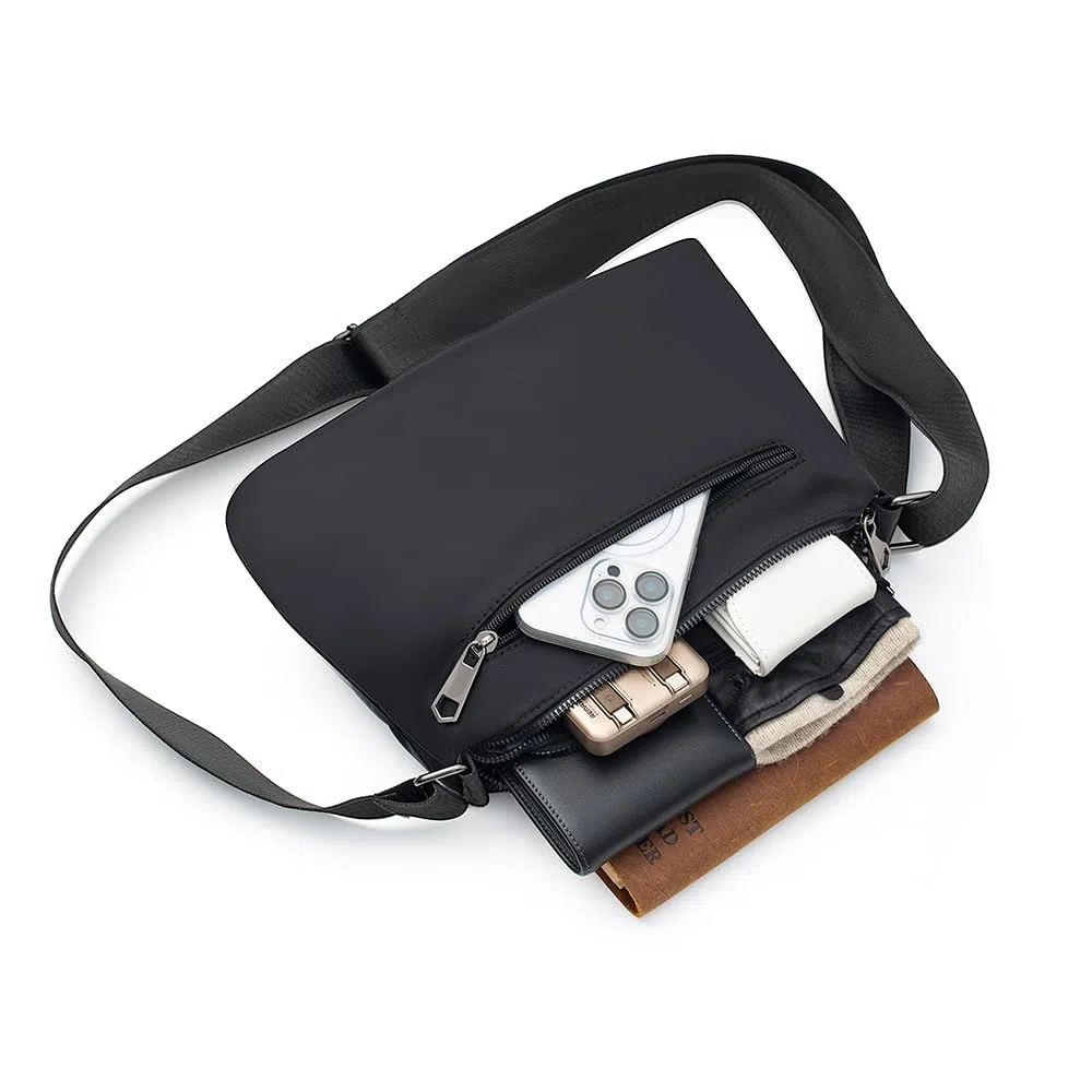 Sacoche Homme Bandouliere & Sac Bandoulière Femme – Sac Bandoulière Homme Compact Nylon Multi-Poches, Sacoche Pratique avec Sangle Réglable pour Voyage, Travail et Quotidien (Noir)