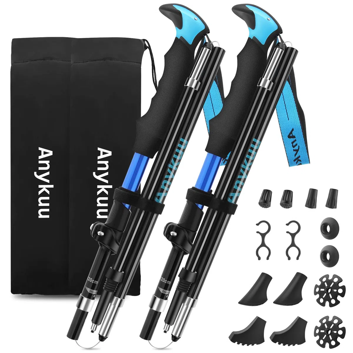 Anykuu Baton de Marche 2 PCS, Bâtons de Randonnée Nordique avec 14 Accessoires d'escalade Telescopiques Antichoc Antidérapant Poles Trekking (Réglables 36-130cm)