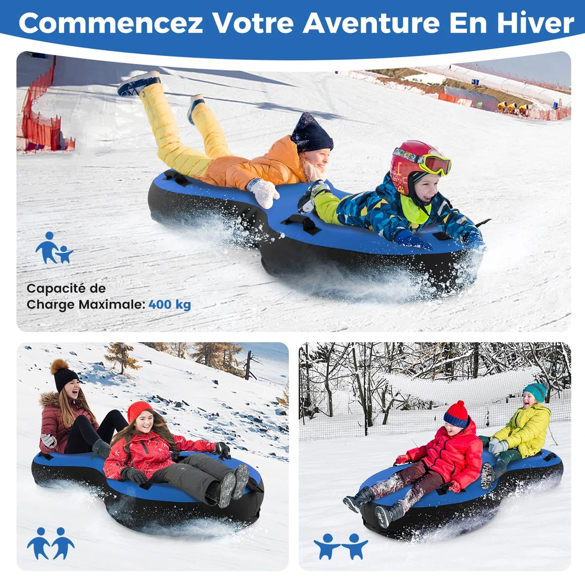 GOPLUS Luge à Neige Gonflable, Tube à Neige 100 cm avec Pneu en Caoutchouc, Coussin de Siège, Poignée, Pompe Inclus, pour Sports d'hiver Enfants&Adultes, Charge 200KG, Bleu/Rouge
