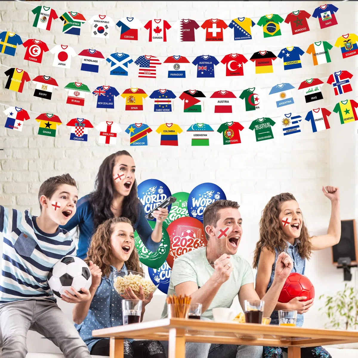 AhfuLife Guirlande Maillot Coupe du Monde 2026, 2 Pièces Guirlande Maillot Décorative 48 Nations, Réutilisable en Banderole Papier, Décoration Soirée Visionnage Football Intérieur et Extérieur
