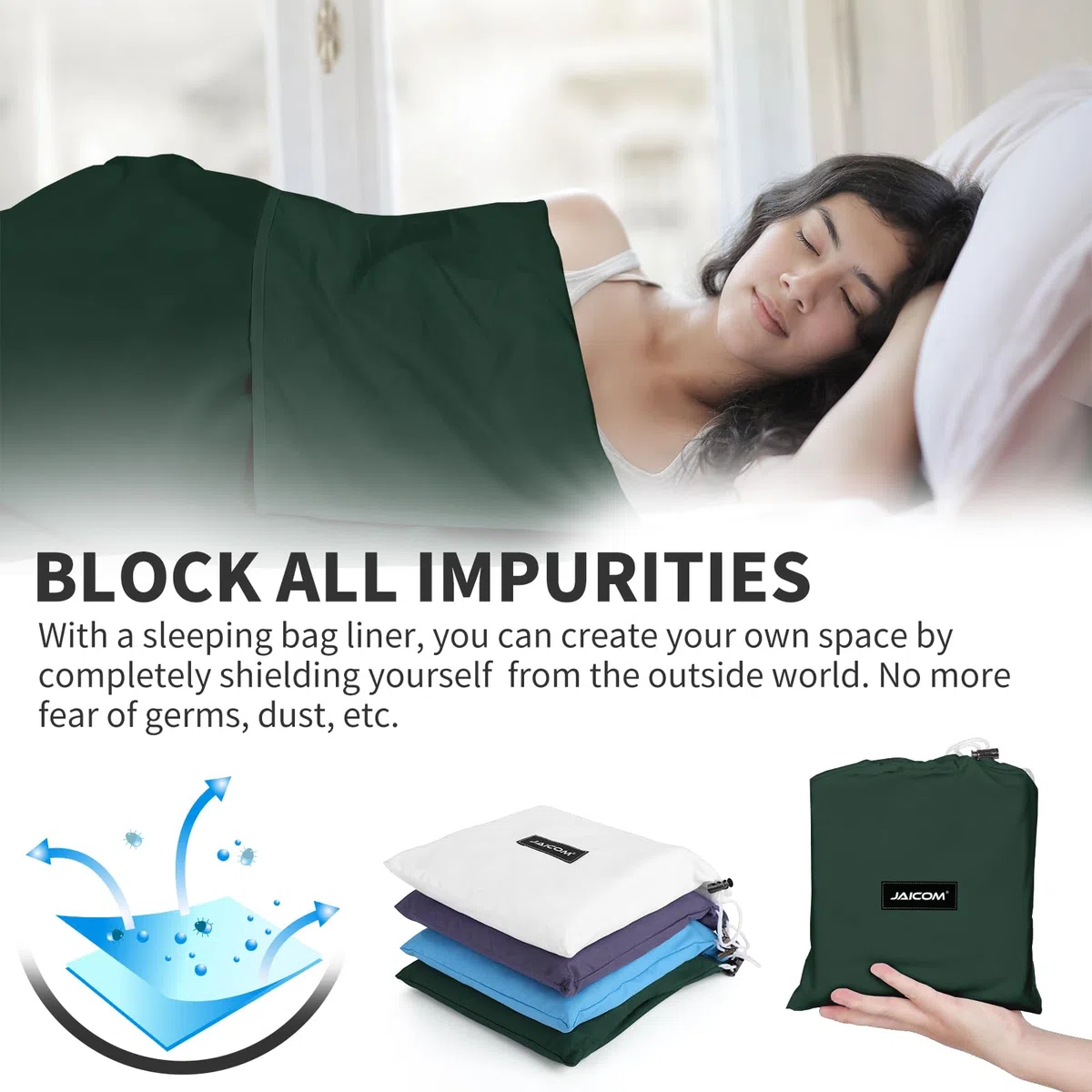 JAICOM Sac de Couchage - Drap de Sac de Couchage de Voyage Ultraléger (330 g), Compact & Portable & Confortable - Convient pour l'extérieur, l'hôtel et l'auberge, Les Voyages d'affaires et Le Train.