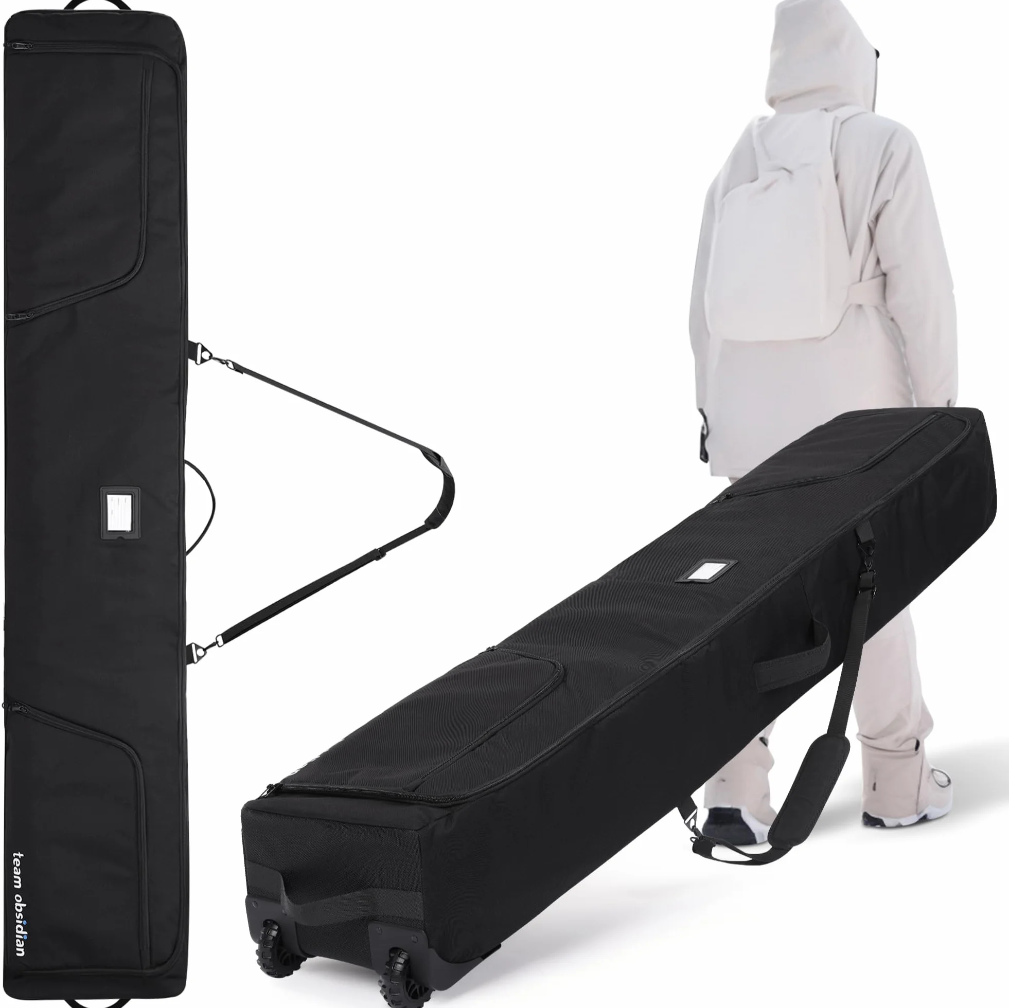 TeamObsidian Housse Snowboard pour Planche Jusqu'à 175 cm - Housse de Snownboard avec Bandoulière Amovible roulettes et Rembourrage Mousse 10 mm - Sac Porte Snowboard Matériel Ski