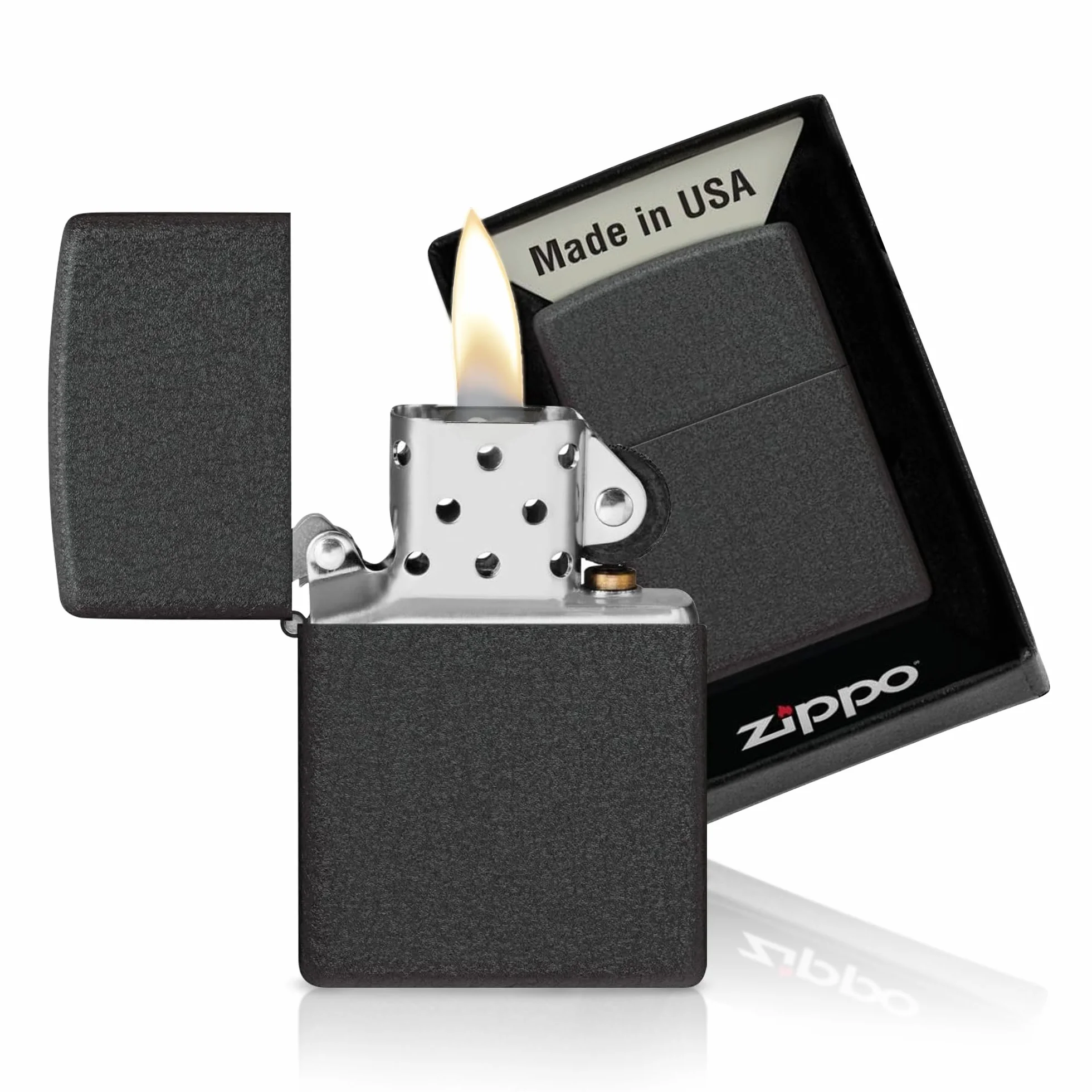Zippo - Briquet Tempête Crépi Noir (Black Crackle), Modèle De Base, Rechargeable, Réutilisable, Résistant Au Vent, Coffret Cadeau, Fabriqué Aux États-Unis
