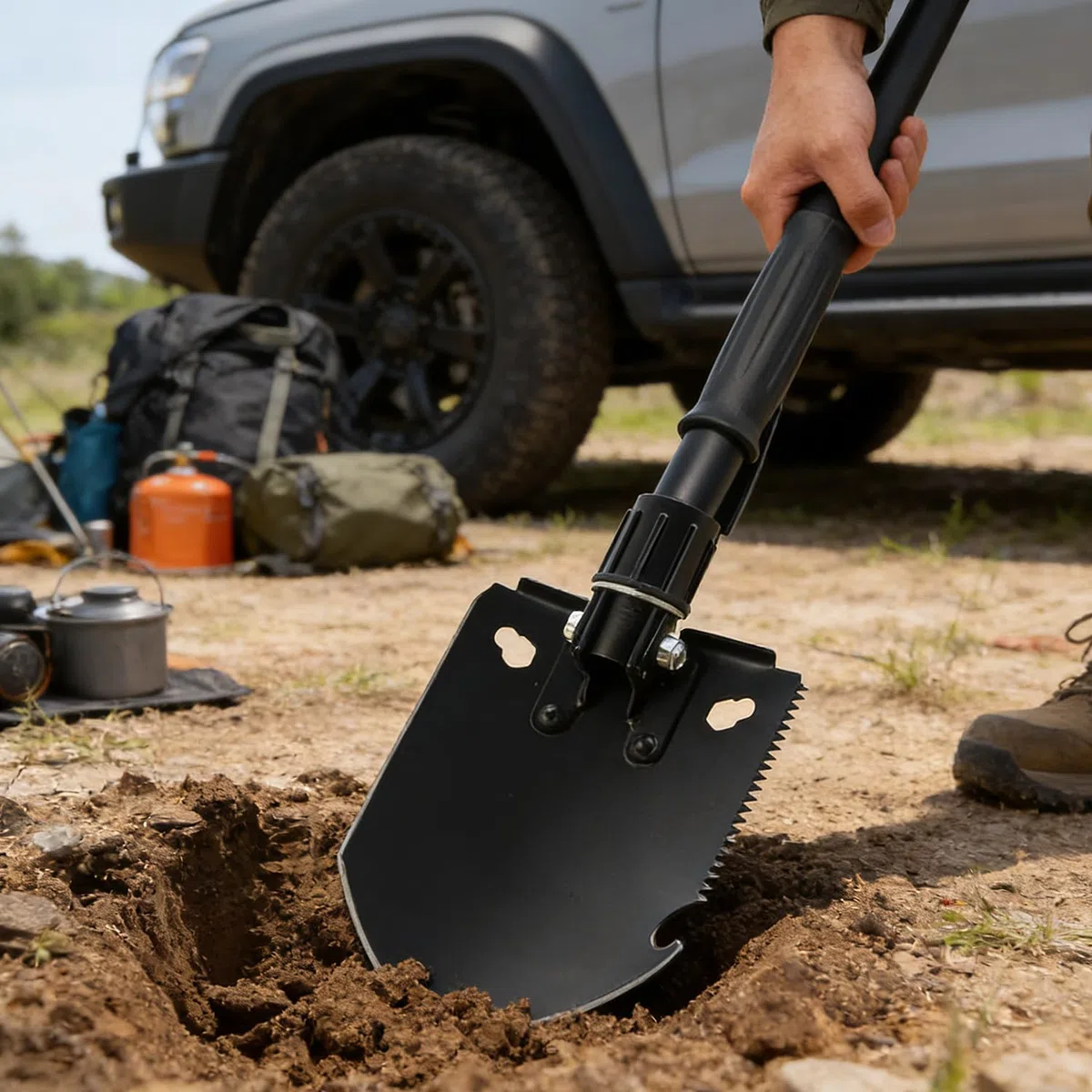Pelle Pliante 81.5cm,Pelle Multifonction Extra Stable Haute RÉSistance en Acier Au Carbone Marteau Brise vitre,Combinaison Pelle De Camping Pliante pour La RandonnÉE en Plein Air,Conduite de Voiture