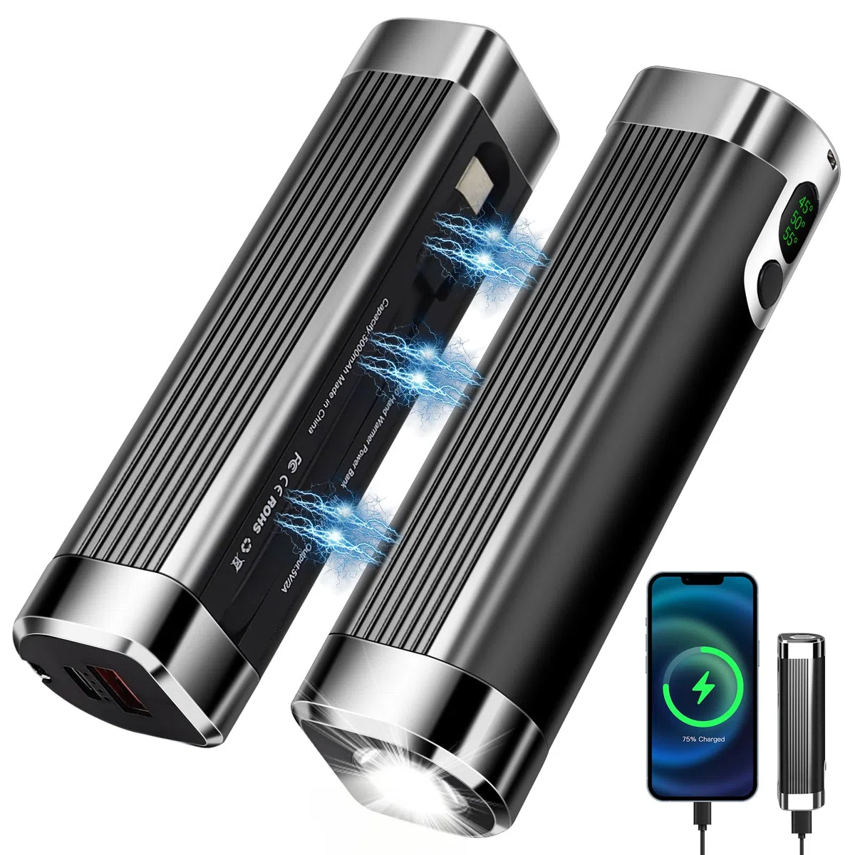 Chauffe-mains rechargeable 10 000 mAh - Chauffe-mains électrique magnétique 3 en 1 - Fonctionne avec piles USB - Avec 3 niveaux de chaleur - Cadeau d'hiver pour femme, homme, famille, camping.