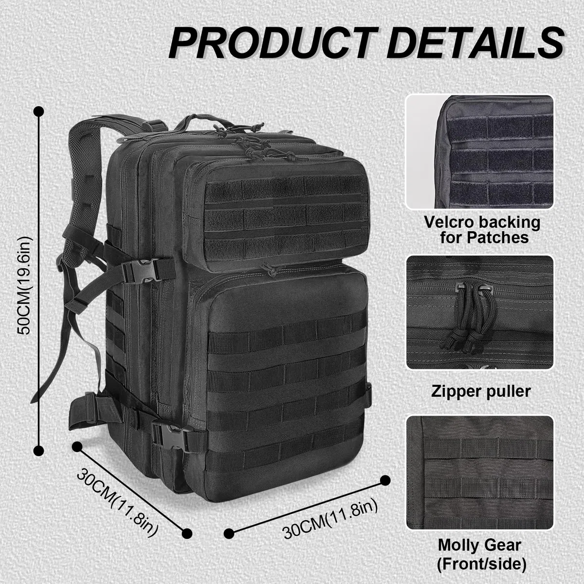 HEMSO Grand Sac à Dos Militaire 45L,Sac de Voyage Système MOLLE,Sac Crossfit de Sport pour Randonnée Trekking Moto Camping Voyage Pêche Alpinisme École (Noir)