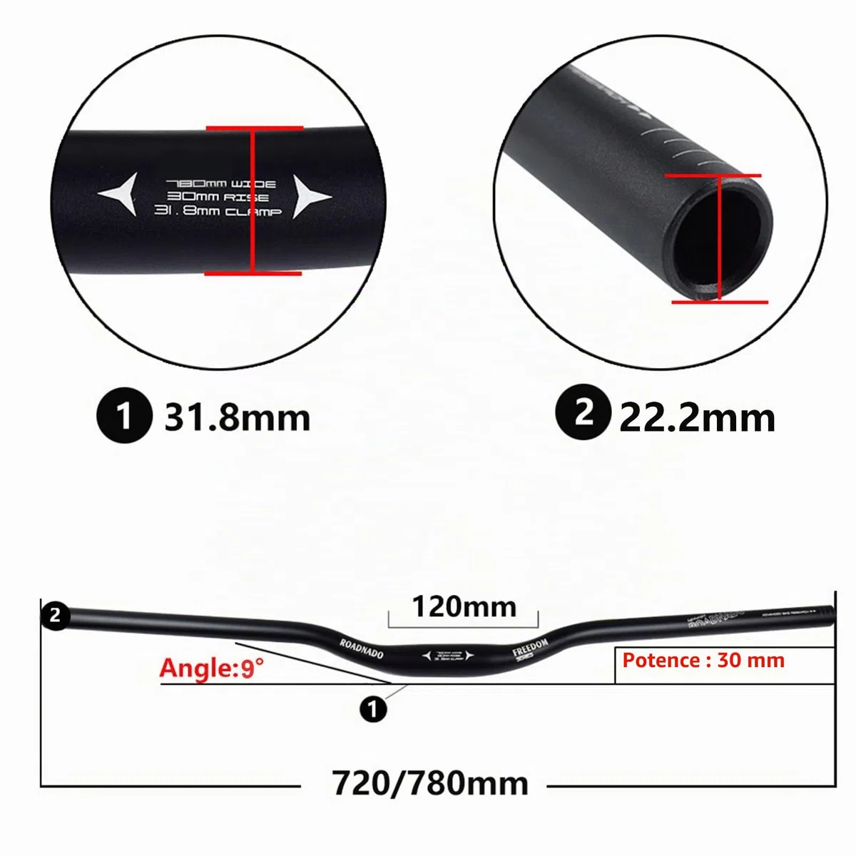 WAKE Guidon VTT Aluminium Alliage 31.8 * 720 mm Guidon Vélo Route Cintre VTT Extra Long Cintres Cyclisme Relevé 30mm Riser Bar Manubrio Bici (Noir)