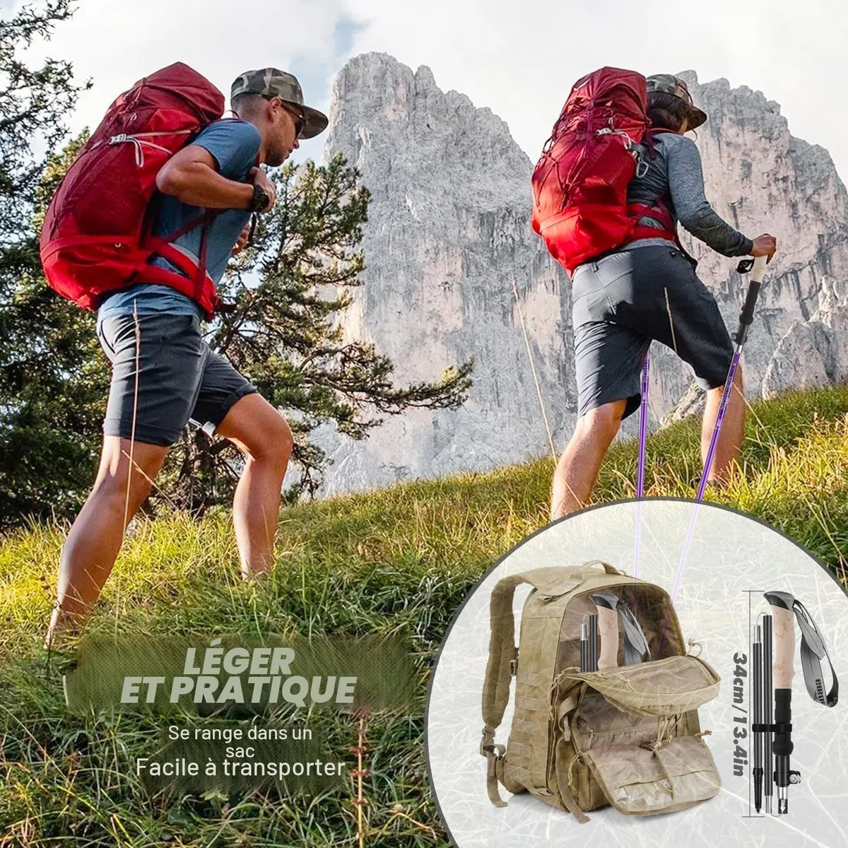 GIBOHOM Bâtons de Randonnée en Aluminium 2 PCS, Baton de Marche Nordique Pliable Télescopique Antichoc Antidérapant 105-125 CM, Baton de Randonnée avec 4 Paires de Tampons Caoutchouc pour Trekking
