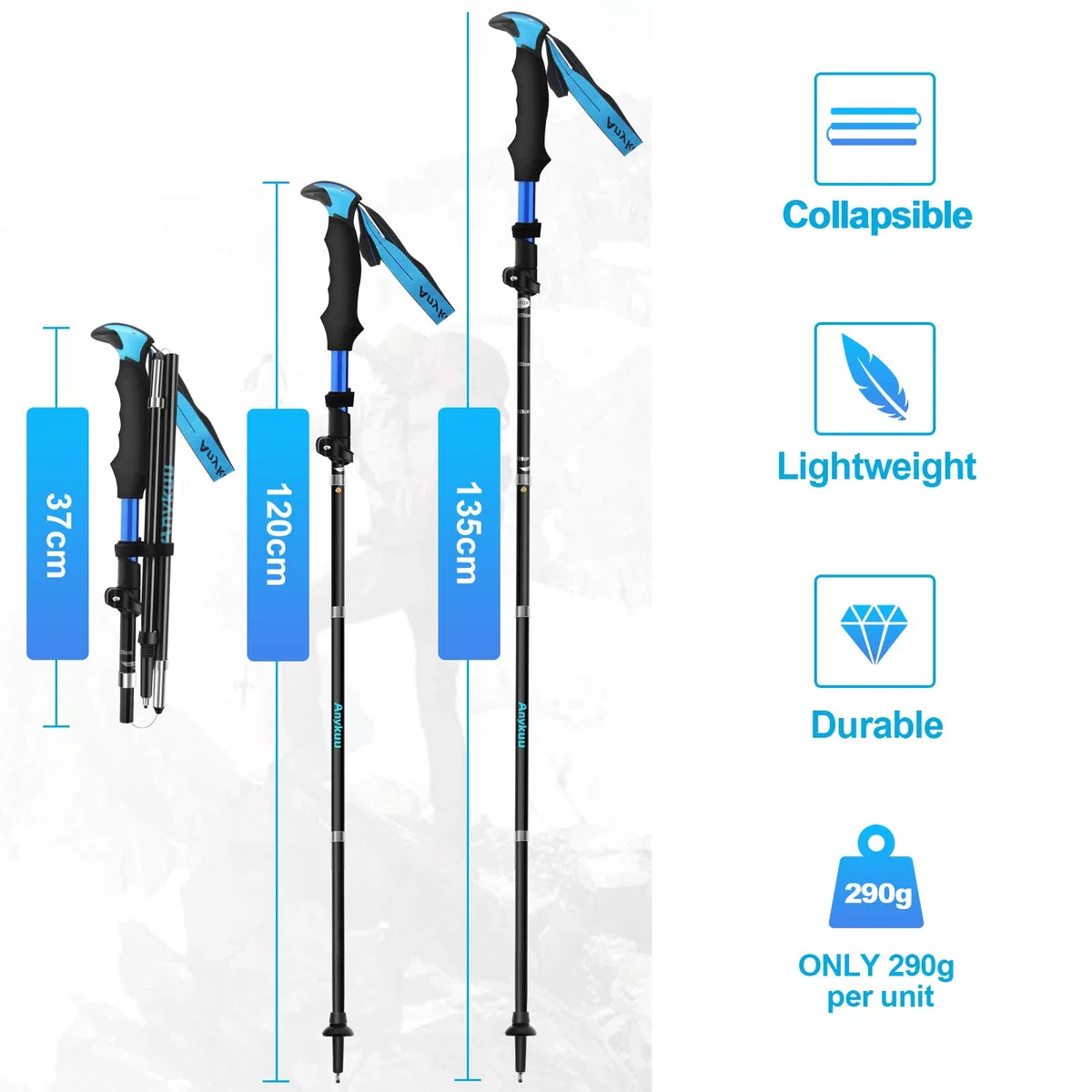 Anykuu Baton de Marche 2 PCS, Bâtons de Randonnée Nordique avec 14 Accessoires d'escalade Telescopiques Antichoc Antidérapant Poles Trekking (Réglables 36-130cm)