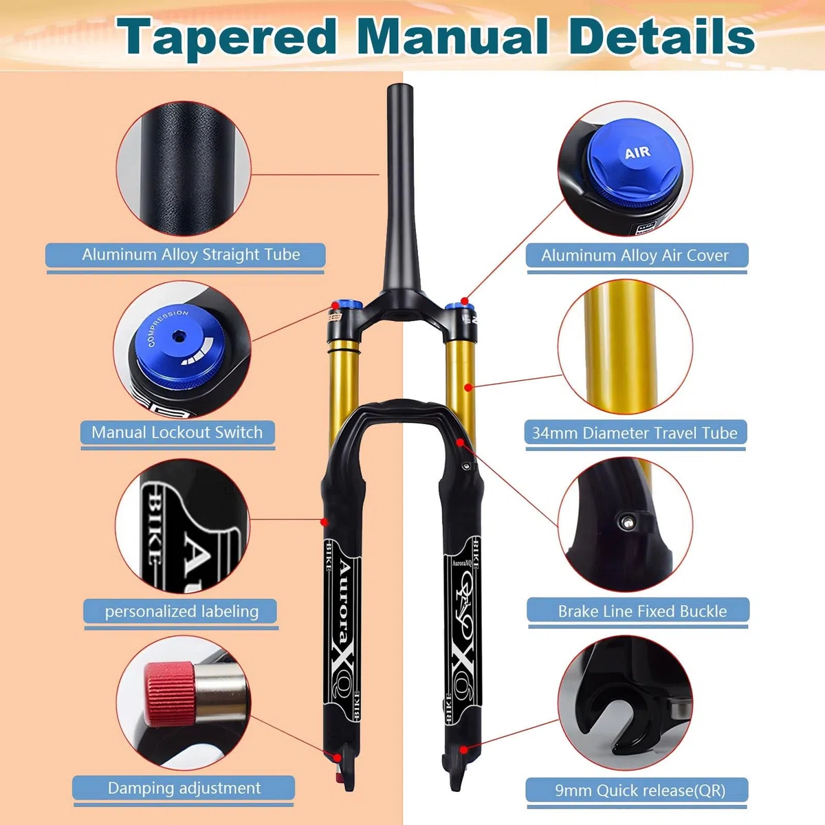 AuroraXQ Fourche Avant de VTT 26/27,5/29 Pouces, Droite/Conique Freins à Disque Alliage de Magnésium Voyage 140mm QR 9mm Fourche Vélo Suspension