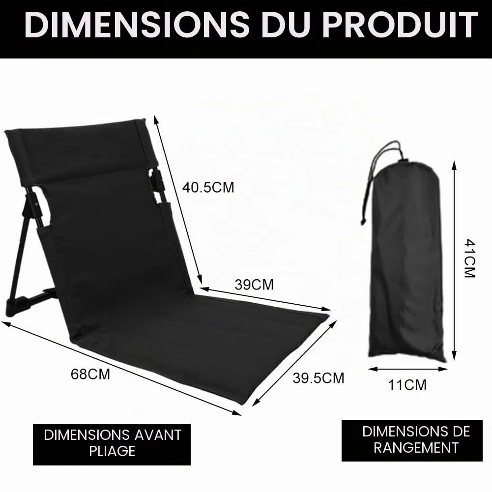 Chaise de sol avec dossier, natte de plage, fauteuil pliant, panier de plage, siège portable pour camping, pique-nique, activités de plein air, chaise de sol avec support (noir)