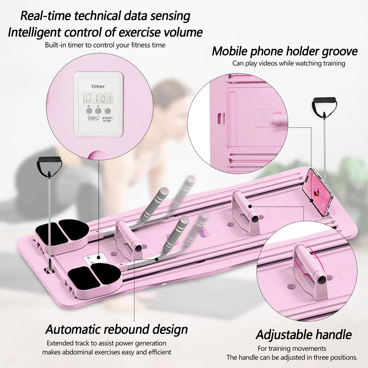 Conseil Réformateurs Pilates, Reformer Pliable pour Pilates Planche Fitness Multifonctionnelle Planche Pilates avec Compteur LED Rebond Automatique Poignée Réglable Planche d'exercice
