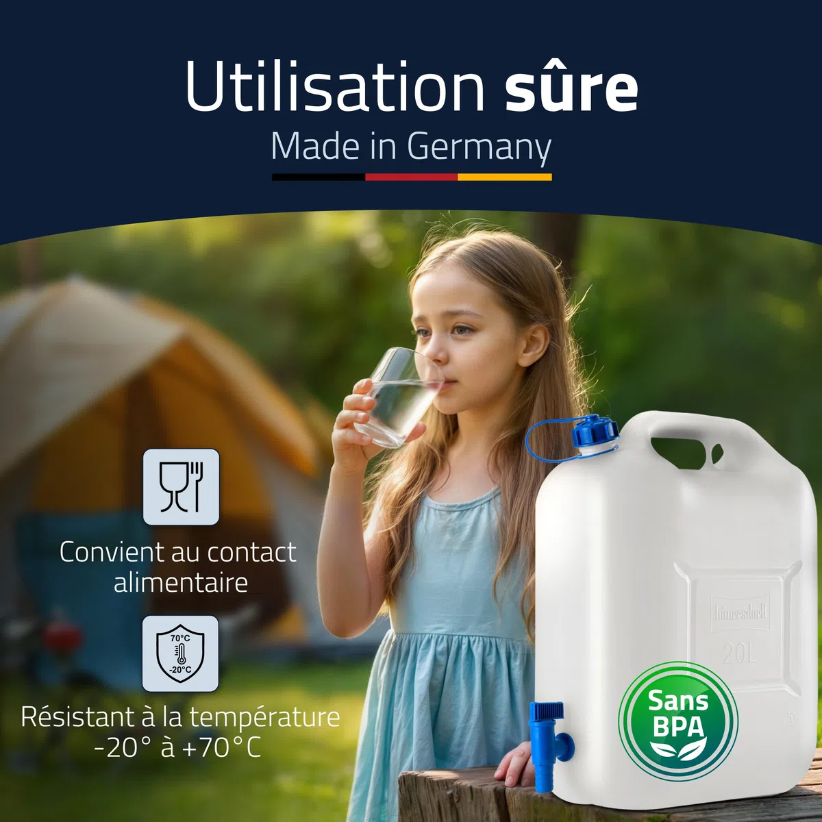 Hünersdorff GmbH 817700 Jerrican à eau ECO PE-HD avec robinet, bleu/transparent - 20l (max.22l)