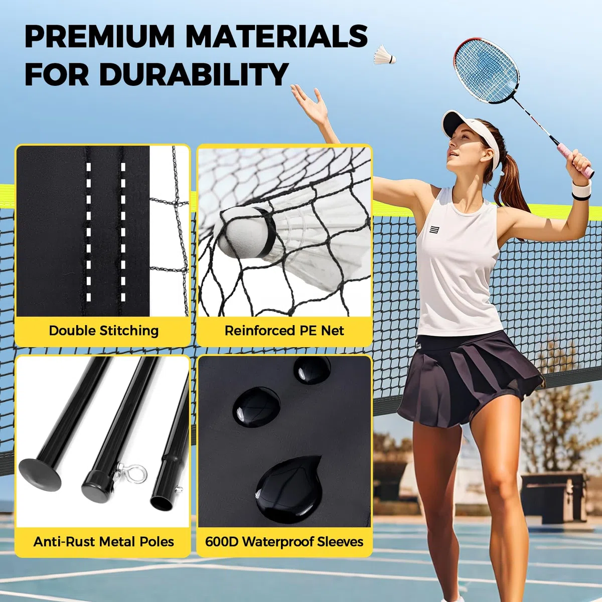 BAGAIL Filet de Badminton pour l'extérieur -Taille Officielle 20ft x 5ft, 4 Raquettes, 3 Balles de Badminton, Filet PE durable et Sac de Transport pour l'arrière-cour, la Plage et les Jeux en Famille.
