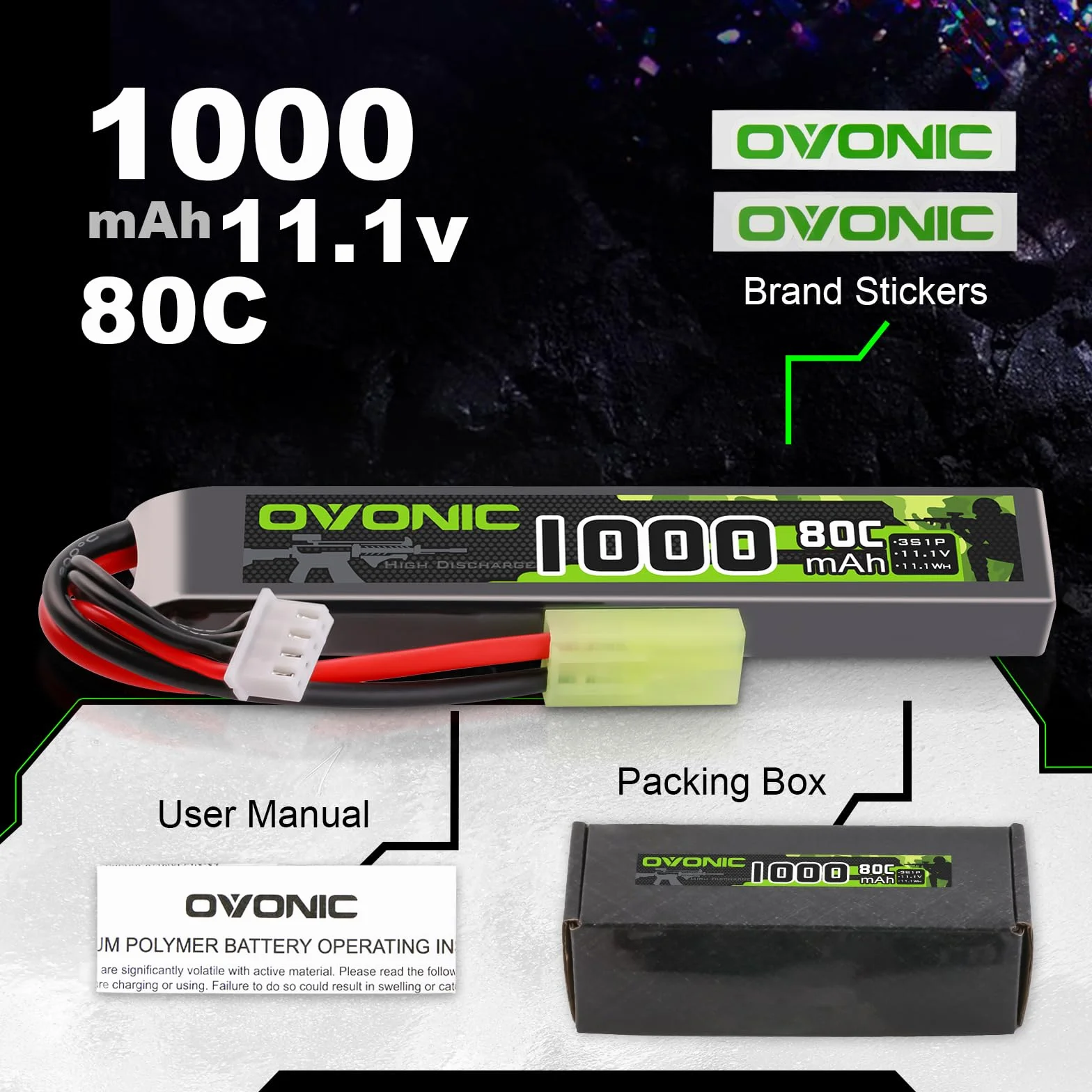 OVONIC 3S Lipo Lot de 2 batteries Lipo 11,1 V 80 C 1000 mAh avec mini connecteur TMY pour Airsoft Guns
