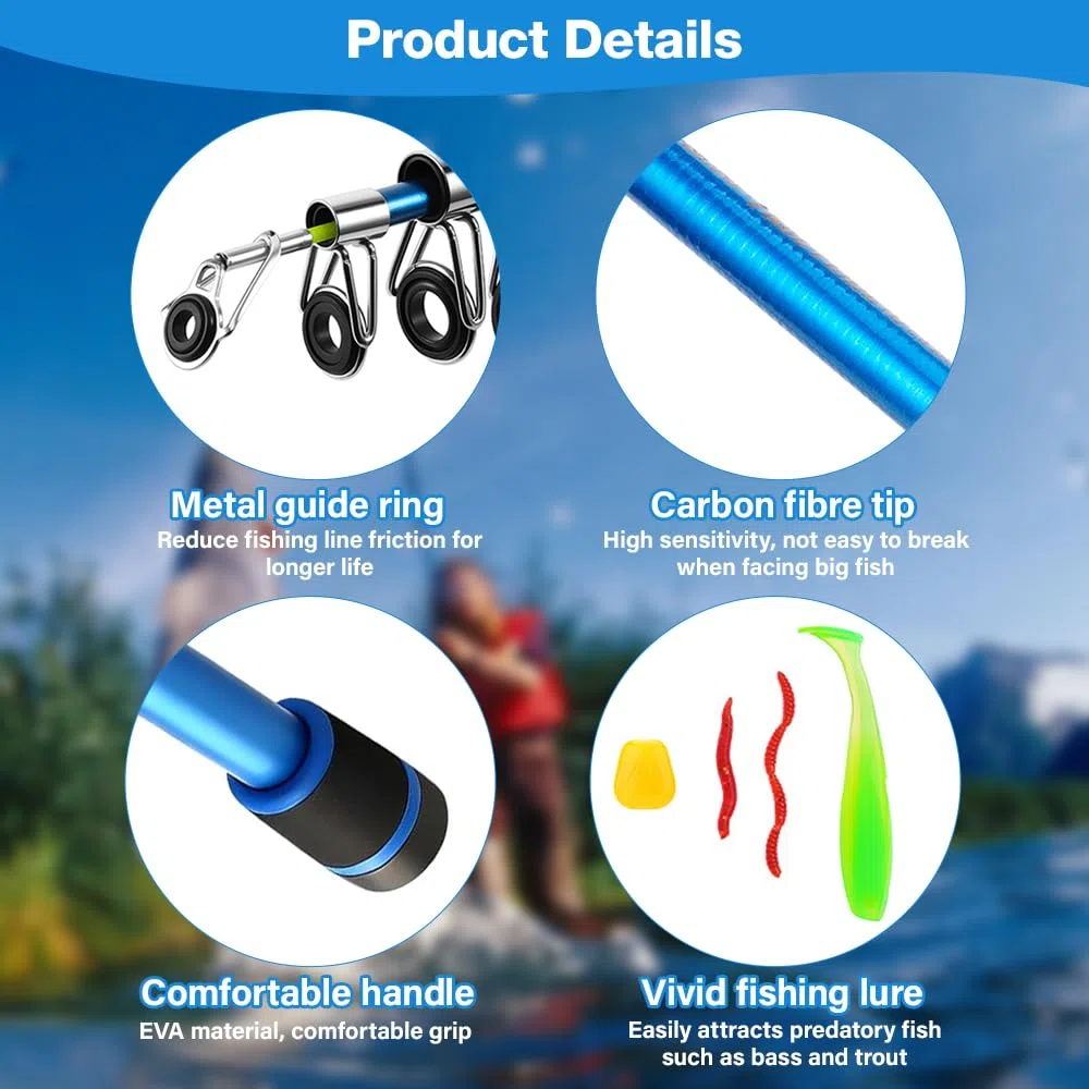 Kit de pêche de 1,8 m pour enfants, kit de démarrage de canne à pêche pour enfants avec moulinet, ensembles d'appâts, hameçons et sac de transport, moulinet en fibre de carbone, accessoires de