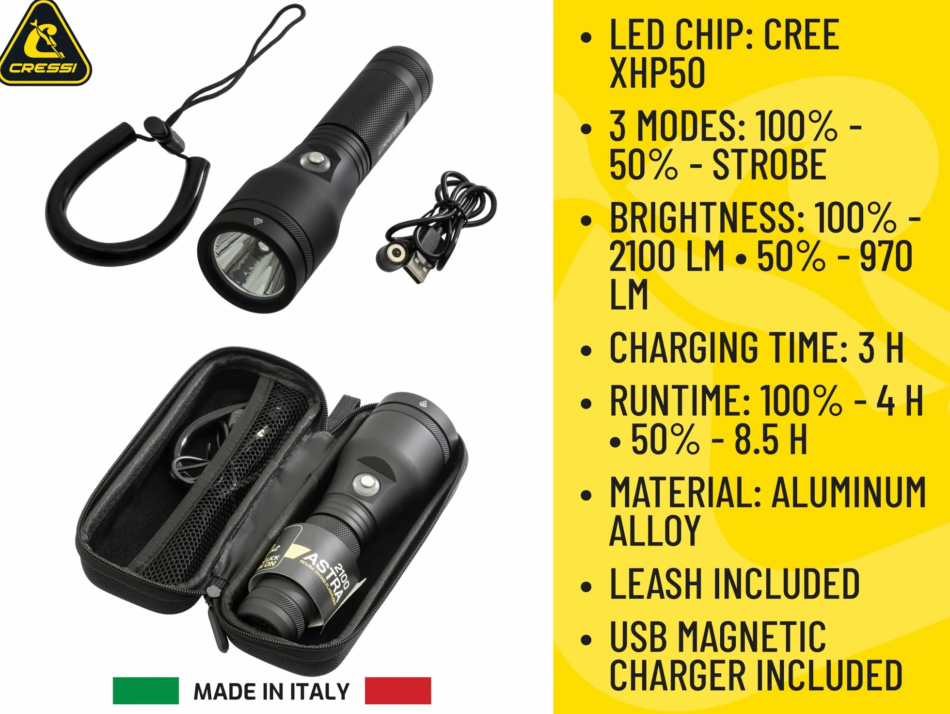 Cressi Astra 2100 Torch Black-Torche sous Marine à LED Rechargeable 2100 Lumens Etanche IPX8 100m, Unisex, Noir et Compacte pour la Plongée, la Pêche, Les Explorations Aquatiques
