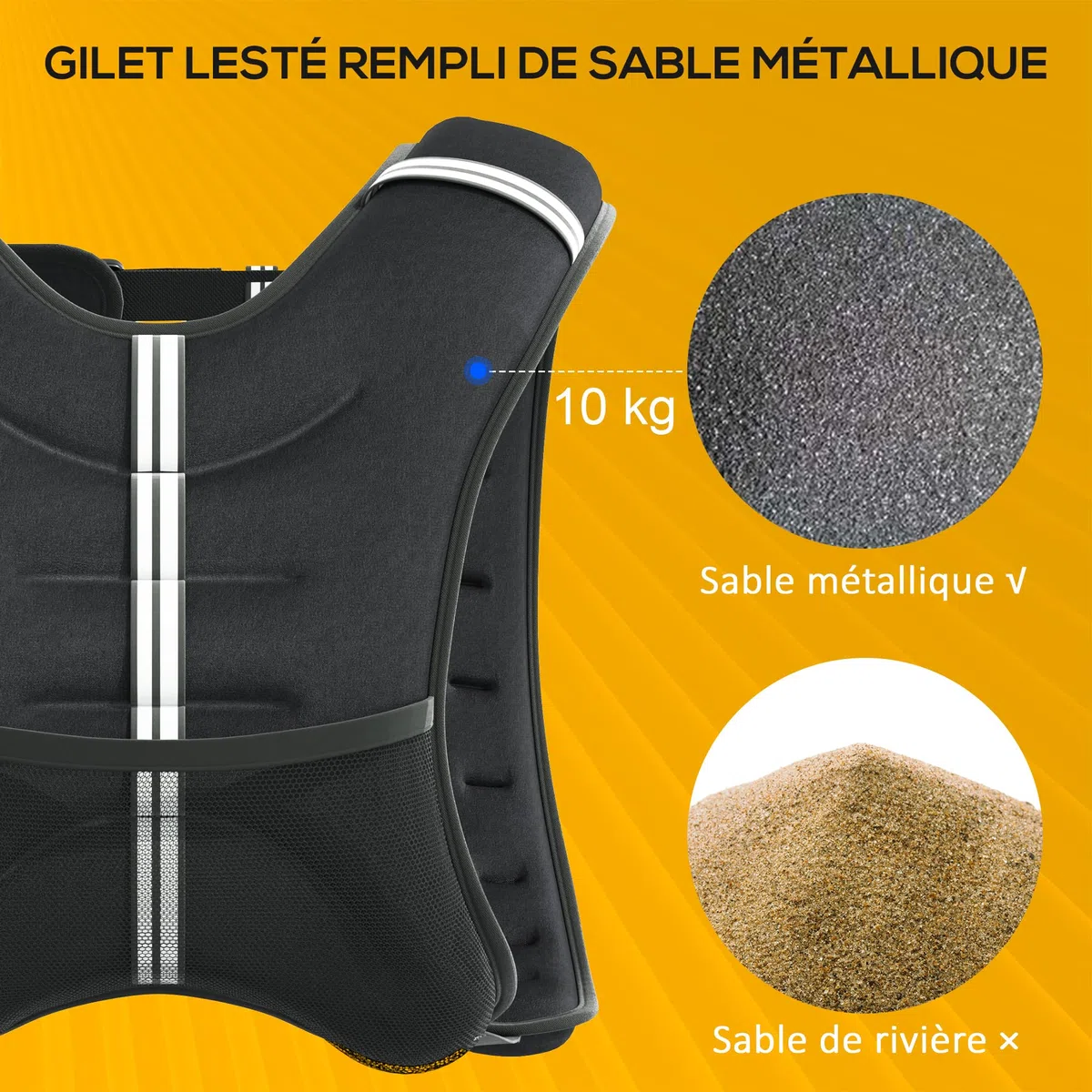 HOMCOM Gilet lesté de 5/8/10 kg, veste lestée, pour homme et femme, avec poche de rangement, pour la course à pied, l'entraînement, tissu Oxford, sable métallique, noir
