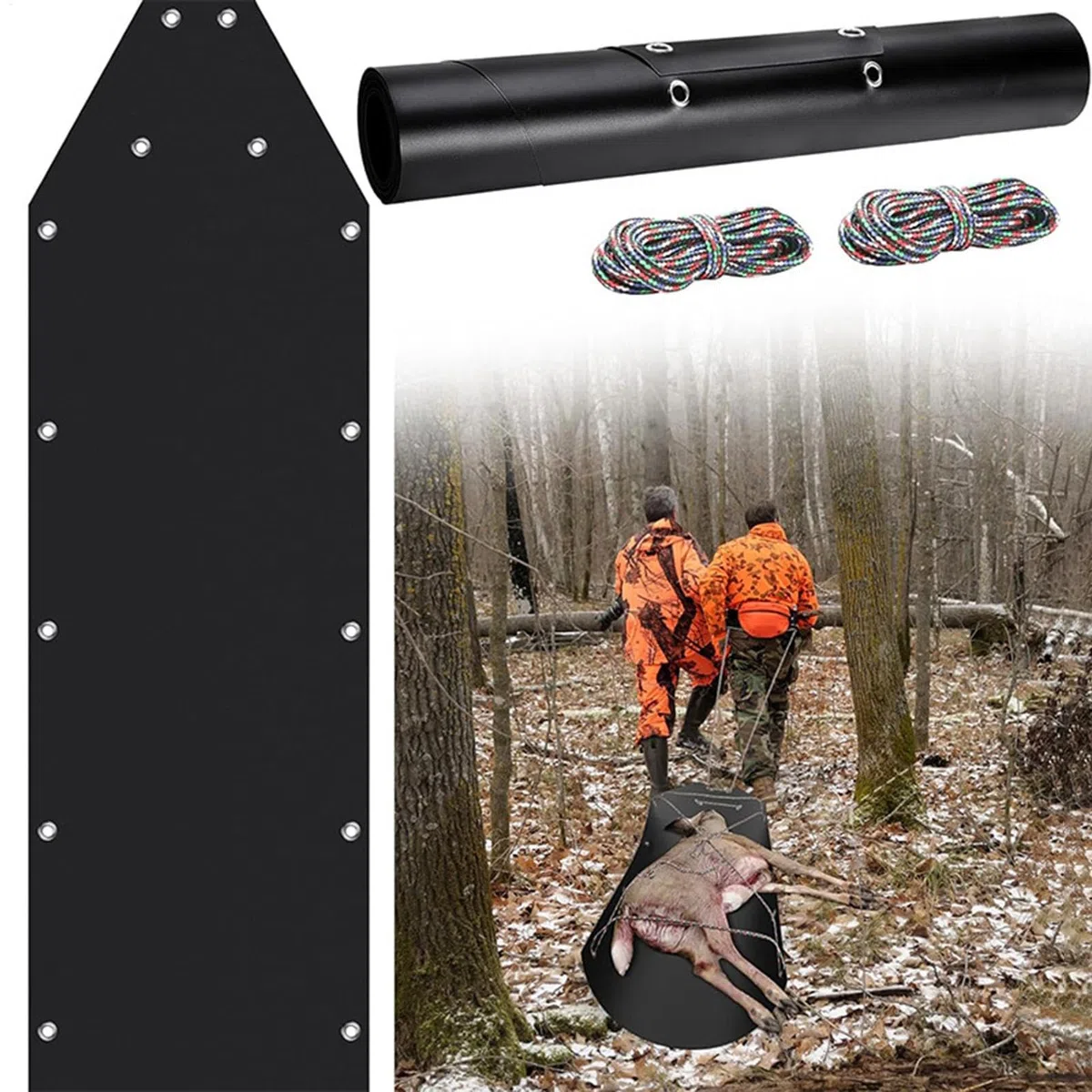 Traîneau à chevreuil, traîneau de renne pour pêche sur glace, neige pour transporter du matériel, utilitaire multifonction pour la chasse, le bois de chauffage, accessoires, noir, 58,4 x 193 cm,