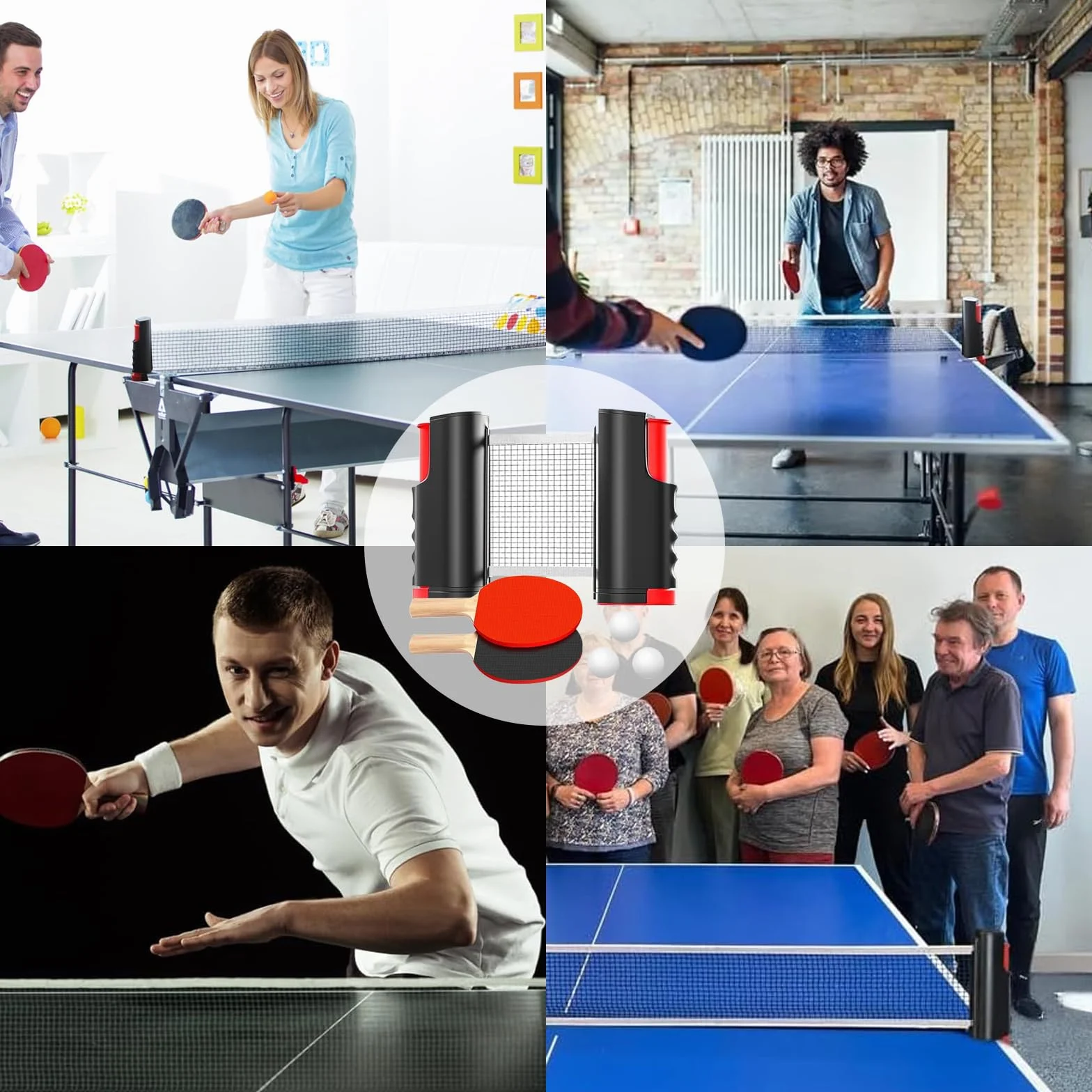 Set de Tennis de Table, Ping Pong Kit, Ensemble de Raquettes de Ping-Pong, avec 2 Raquette de ping-Pong+3 Balles+1 Rétractable Filet Ping Pong pour Table+1 Sac de Transport