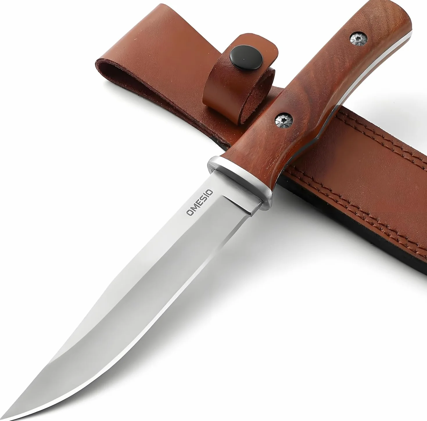 Omesio Couteau Survival Tranchant | Manche en Bois Robuste, Étui en Cuir – Idéal pour Camping Bushcraft, Couteau d’extérieur à lame fixe