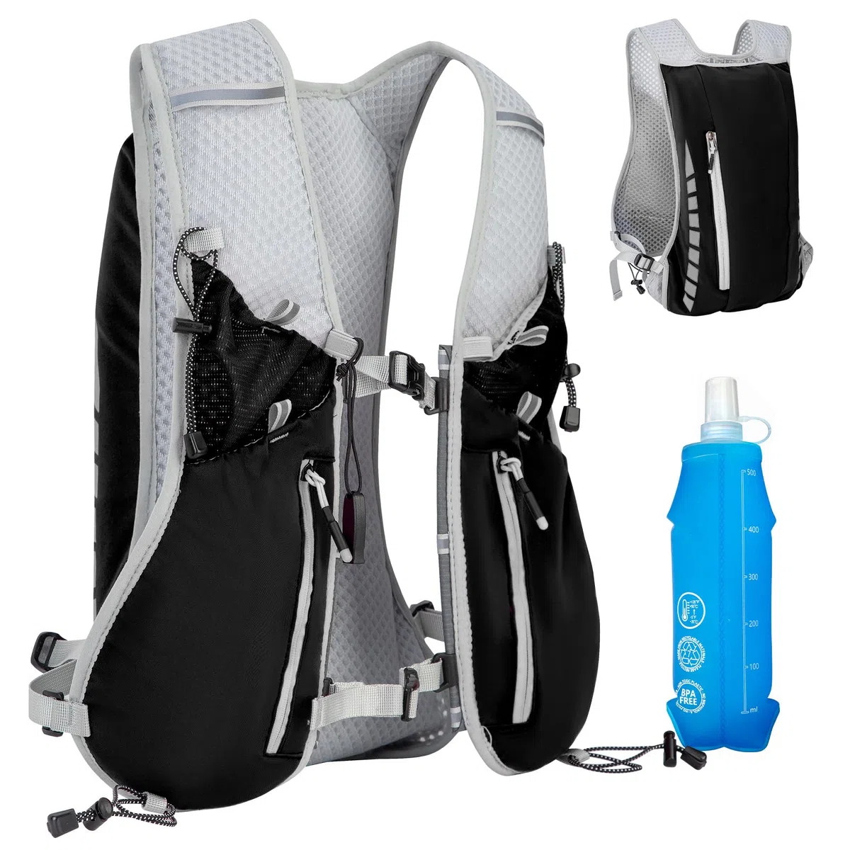 Sac à Dos de Course Ultraléger, Gilet Running avec Bouteille d'eau de 500 ML, Sac à Dos d'Hydratation, Réfléchissant Gilet Course a Pied Femme Homme pour Marathon, Cyclisme, Plein Air