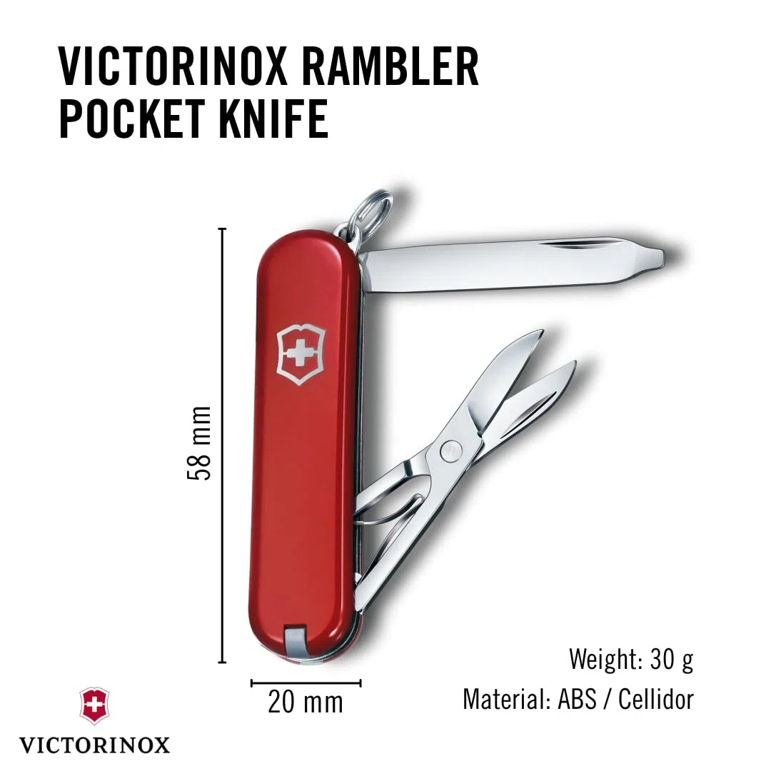 Victorinox Couteau de Poche Rambler, Petit, 10 Fonctions, Swiss Made, Outil Multifonction avec Tournevis Phillips, Ciseaux, Rouge
