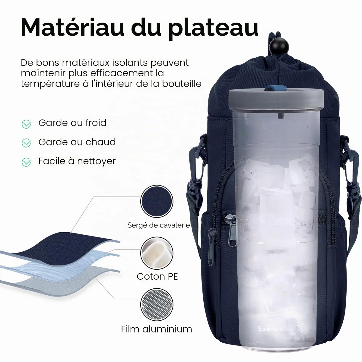 Sportsnew Porte-bouteille d'eau Isotherme 1L Avec Bandoulière et Poche Pour Téléphone - Pour la Marche et la Randonnée, Bleu Marine Pur