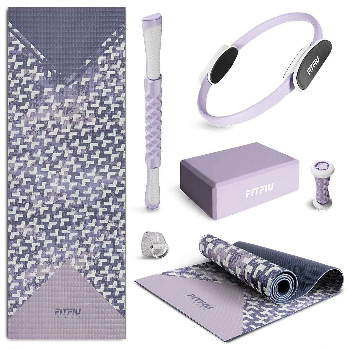Fitfiu Fitness KITWELL-601 Pack de 6 Accessoires Yoga Pilates Couleur Lila avec Tapis, Bloc, Anneau, Sangle et 2 Masseurs Inclut Guide d’Exercices Wellness