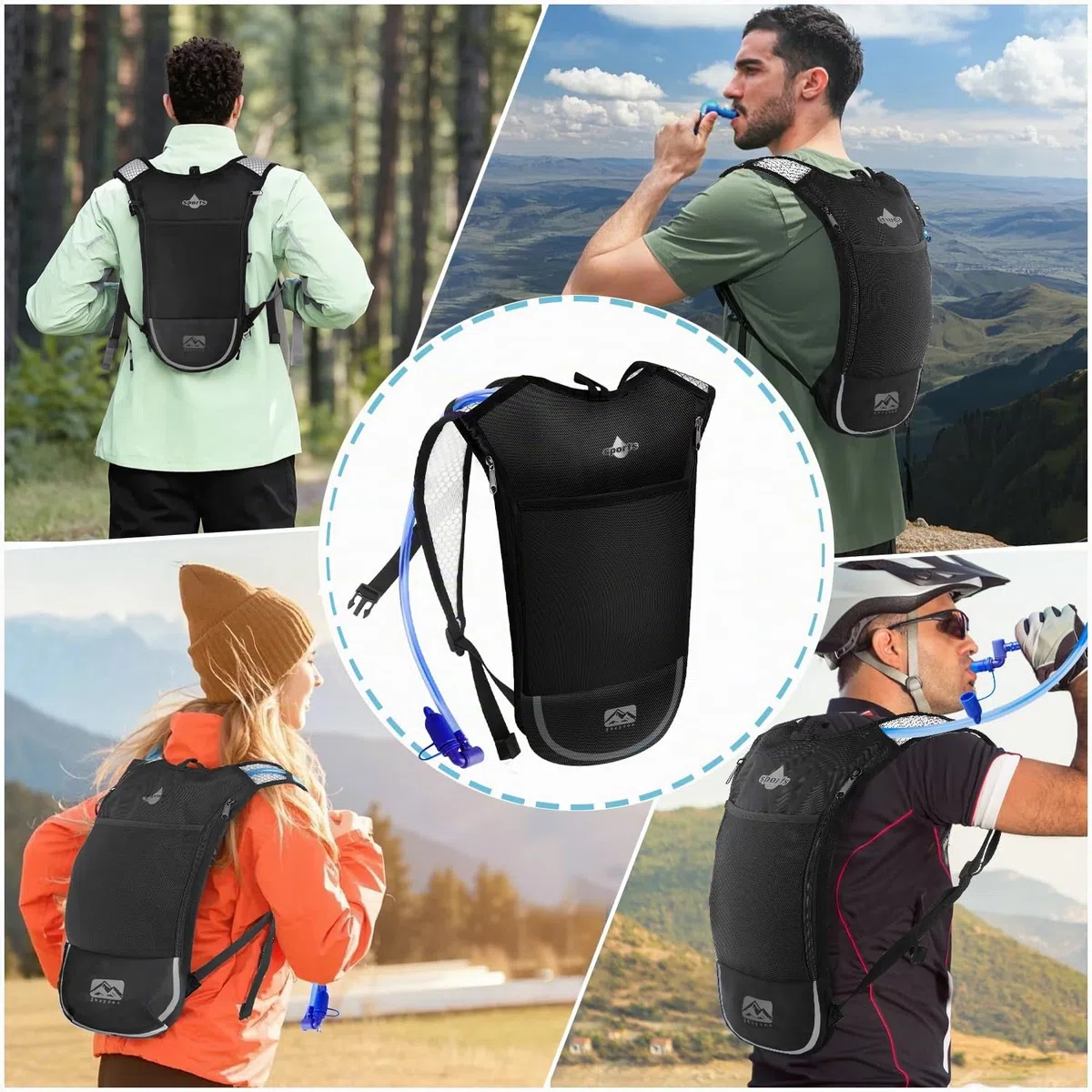 Sac à Dos d'hydratation avec Poche à Eau de 2 l, léger, Respirant, avec 3 Poches Couches, Bretelles renforcées pour la randonnée, la Course, Le Cyclisme