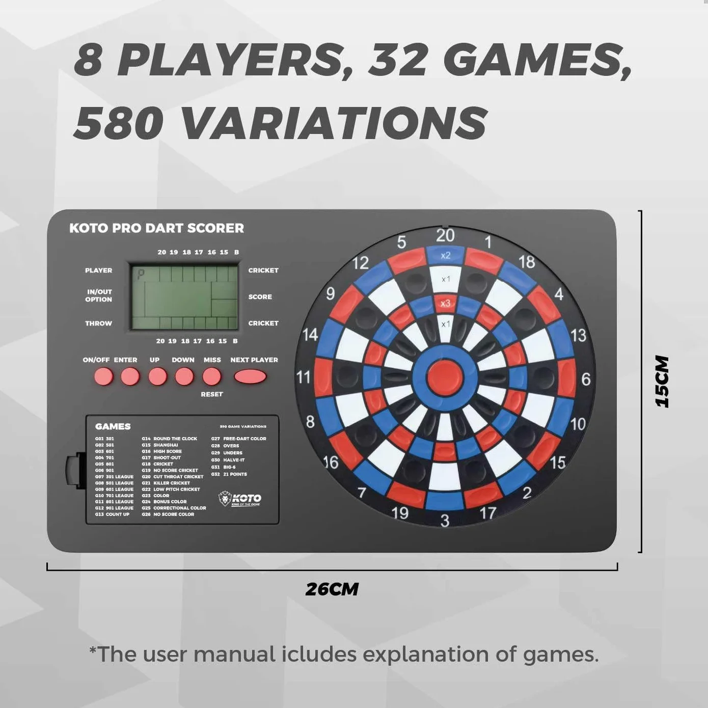 KOTO - Tableau de Score Pro pour Fléchettes, 32 Jeux, Dart Scorer, Affichage du Score & Fixation, pour 8 Joueurs, Alimenté par Piles