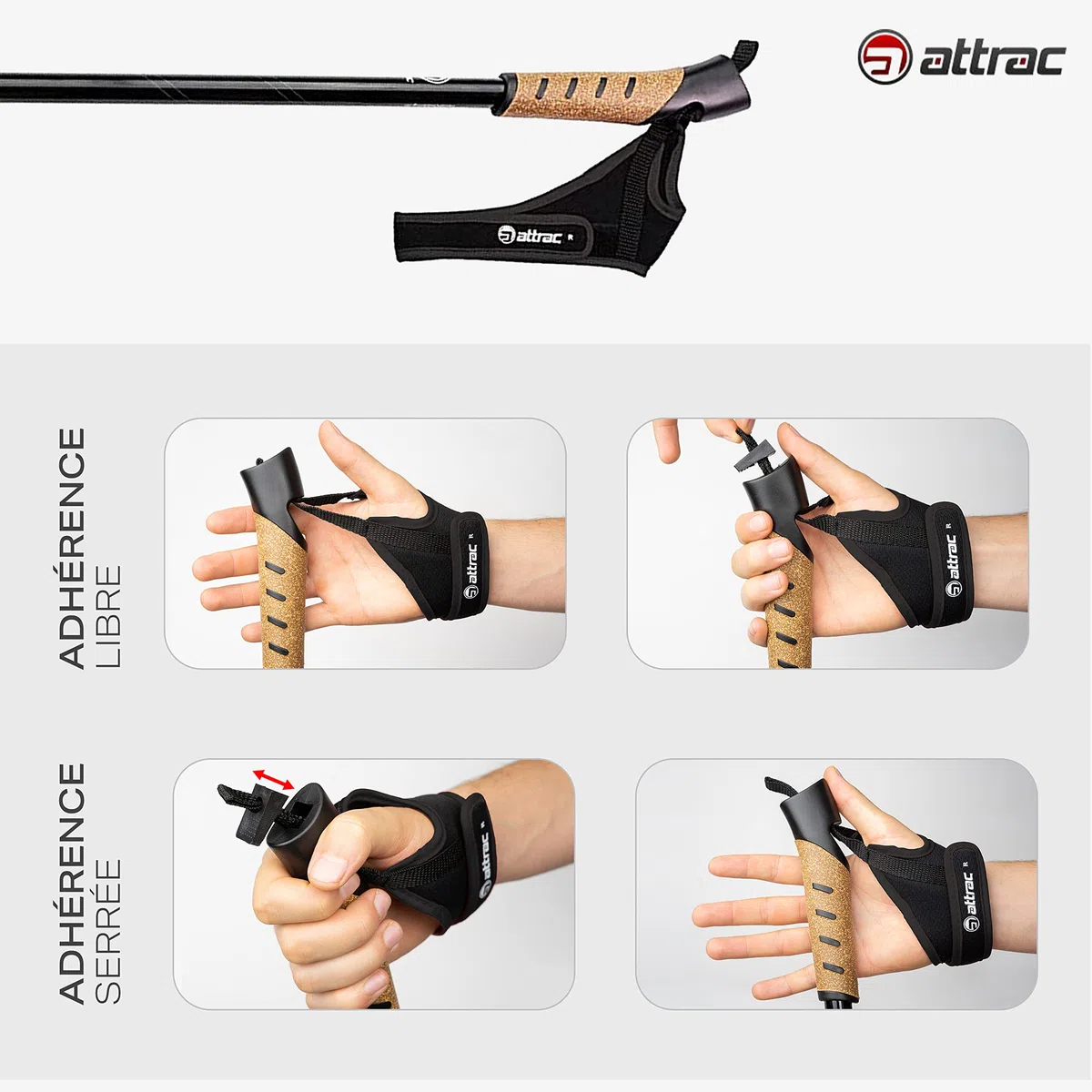ATTRAC Bâtons de Marche Nordique Classique avec système télescopique, Anti-Choc et Amortisseur - Longueur réglable de 69 à 136 cm - Poignée en liège