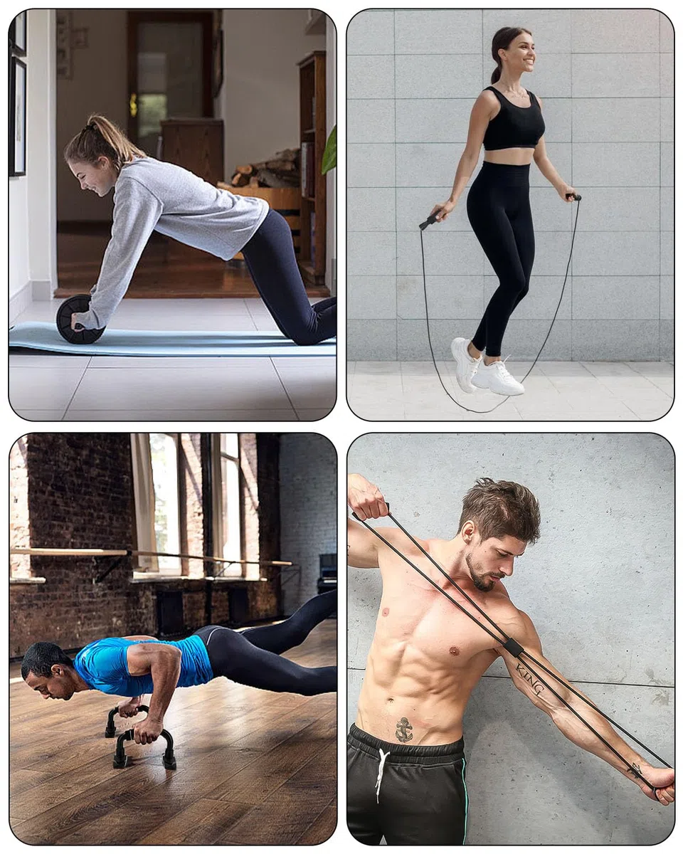 Roue abdominale 6 en 1 avec bande de fitness, pompes, tapis pour genoux, Corde à Sauter,Pince à Main,appareils de fitness pour abdominaux, Idéal pour les hommes et les femmes à la maison