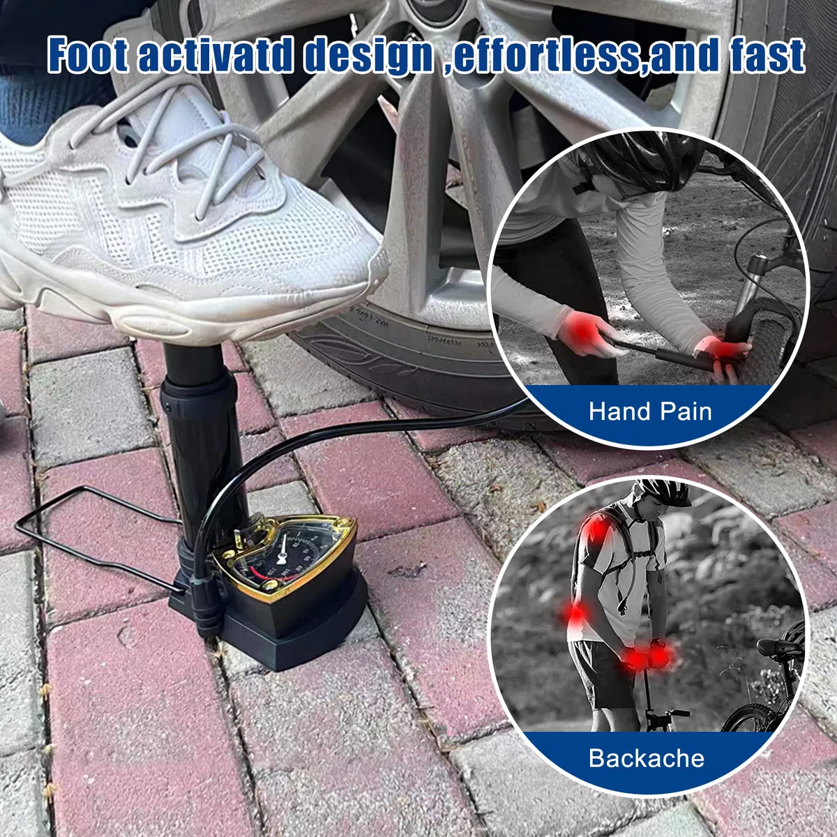 Mini Pompe à vélo, Pompe à Vélo à Pied Portable, avec Manomètre 11BAR/160PSI, pour valves AV/DV/SV, pour Vélos, Balle, Anneau de Natation (3 Aiguilles à Air)