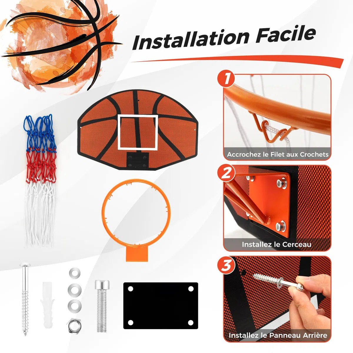 COSTWAY Panier de Basket Mural 32,5 cm avec Panneau Incassable, Panier Basket-Ball avec Filet Anti-déchirure Accessoires Complets, pour Enfants Adolescents Adultes, 66,5 x 44,5 cm, Noir+Rouge