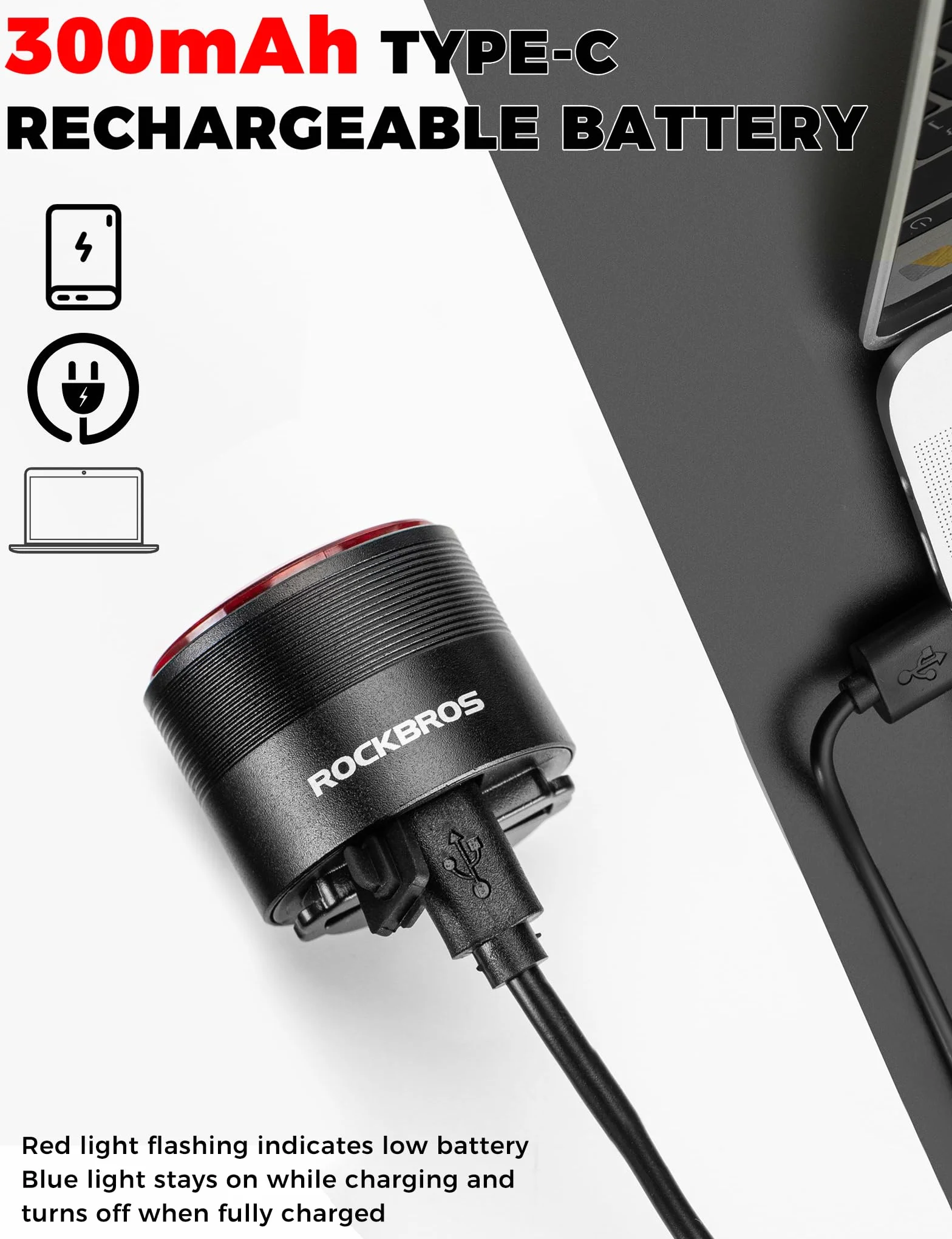 ROCKBROS Feu Arrière Vélo Intelligent avec Capteur de Freinage, RGB LED 4 Modes, Éclairage Arrière USB-C Rechargeable IPX6 Allumage Auto pour Route et VTT