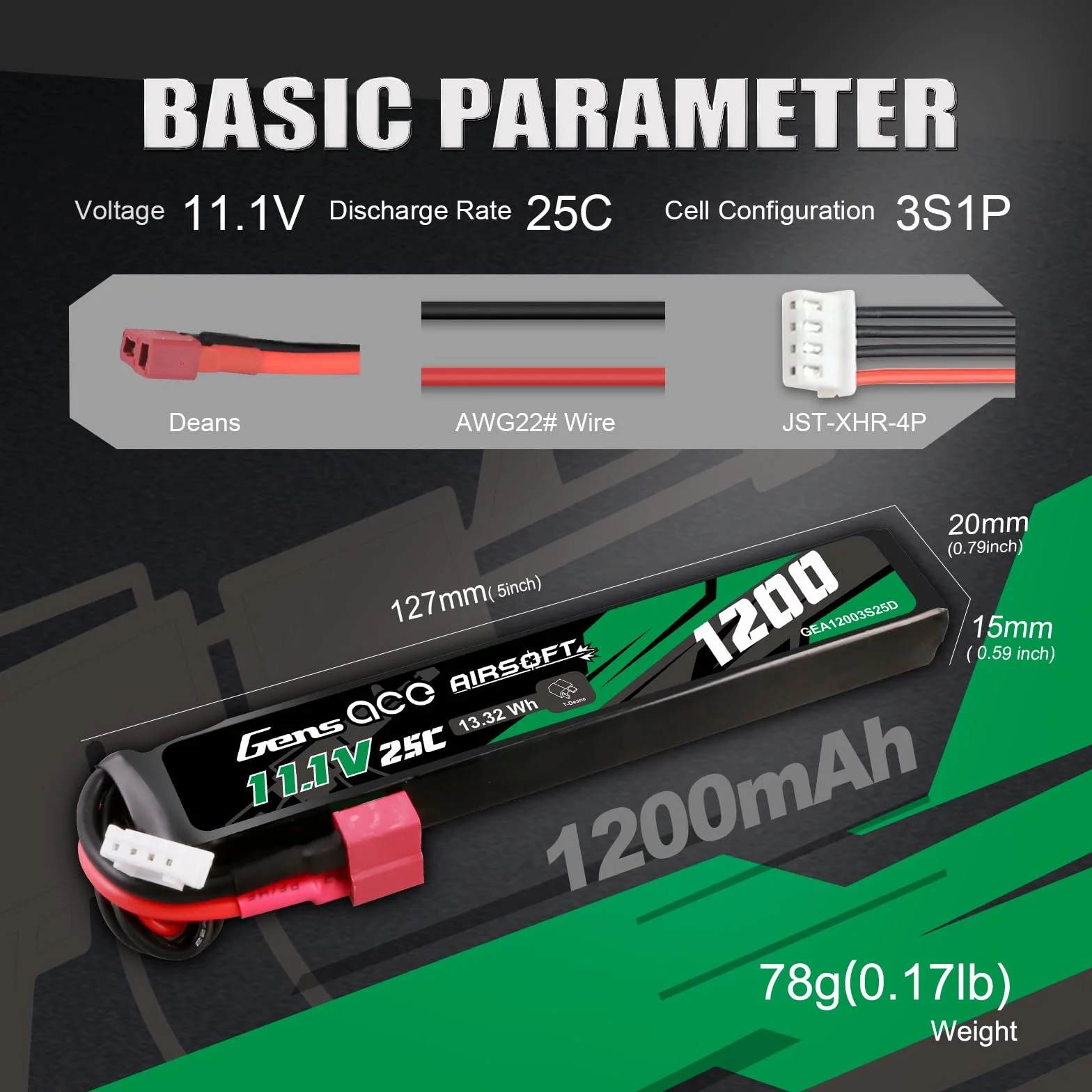 Gens ace 3S Batterie Lipo Airsoft 11,1V 1200mAh 25C 3S1P avec Connecteur T Deans, pour Répliques AEG M4 CM16 et Crosse Le