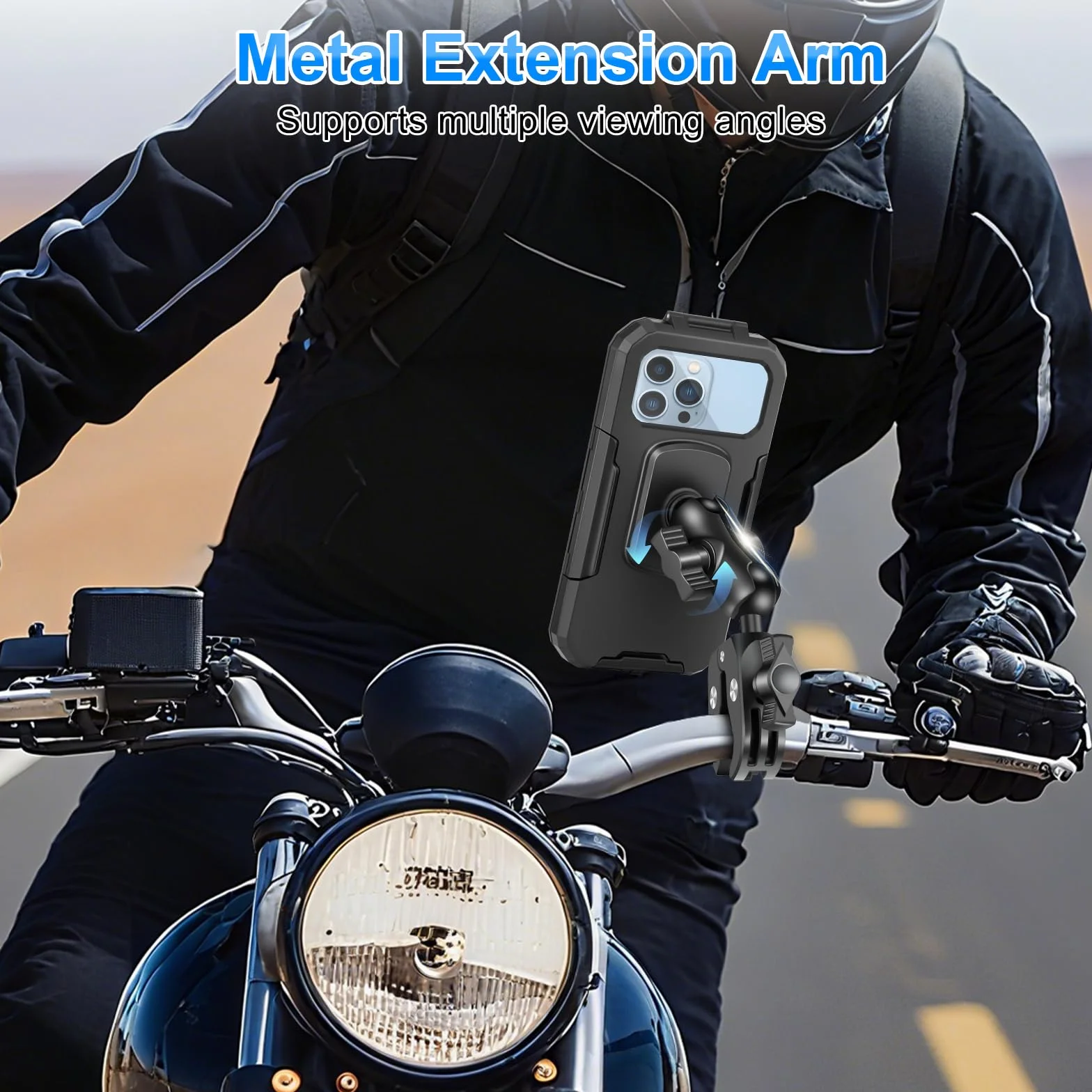 Support Téléphone Moto Etanche Universel Support Telephone Vélo 720° Rotation Pivotant Support pour Guidon avec Bras Extension Métal Écran Tactile pour 5,5-7,0 Pouces Smartphone (Noir)