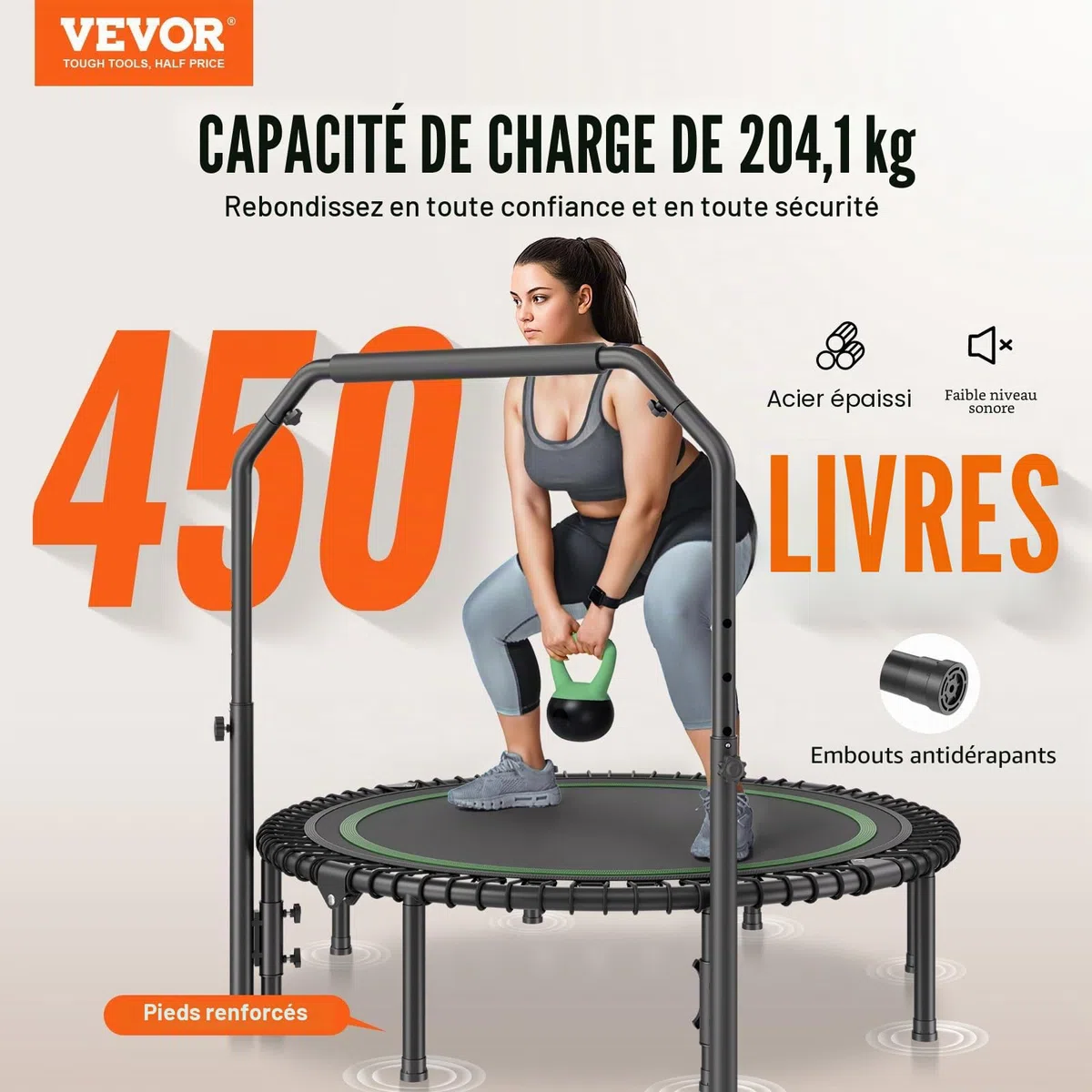 VEVOR Mini Trampoline Pliable, 1290 mm, Fitness rebounder, Charge Max. 205 kg, Stable et Silencieux avec poignée en Mousse réglable en Hauteur à 4 Niveaux, pour entraînement intérieur/Jardin Adultes
